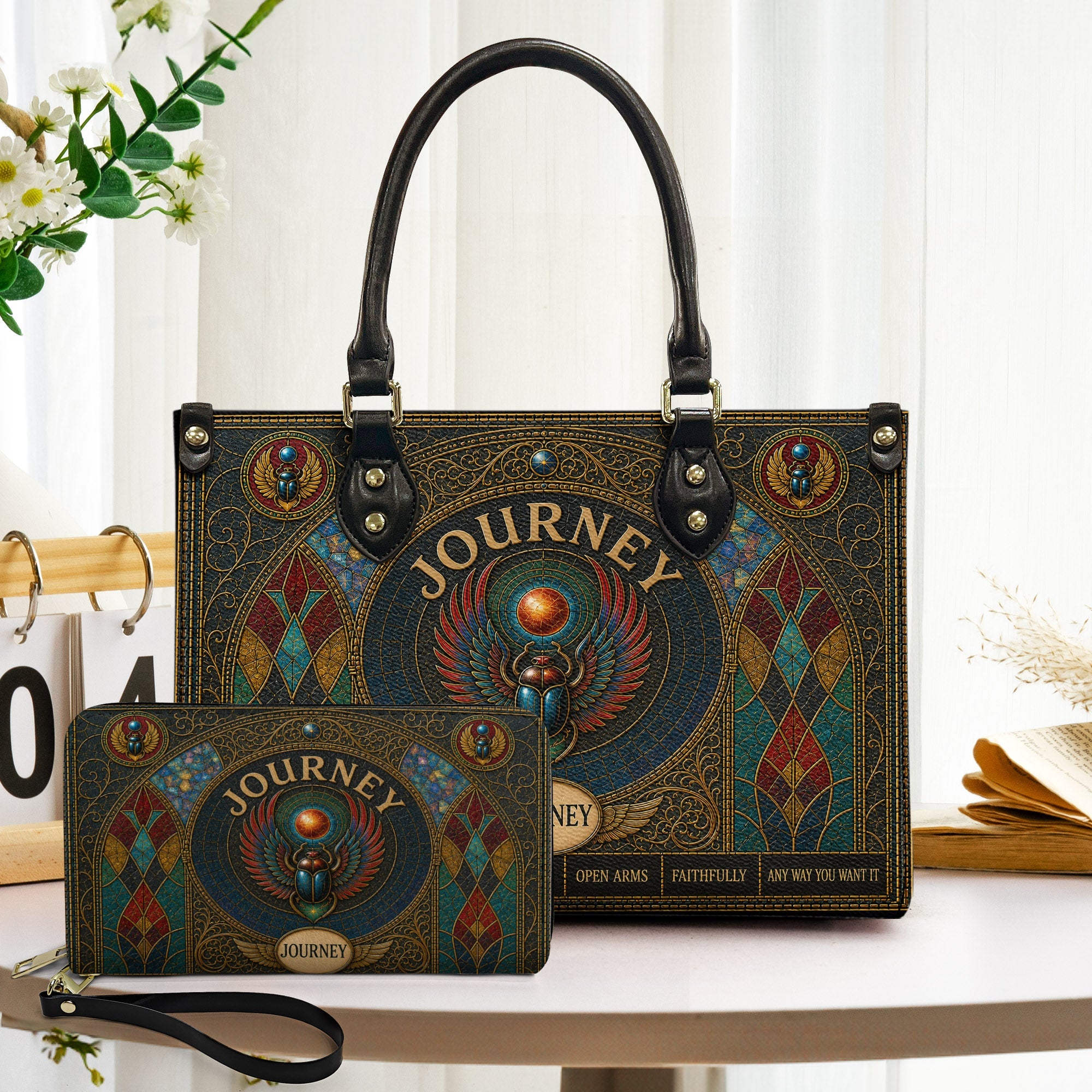 Journey Handbag, Tote Bag and Wallet Set, Stained Glass Scarab Design, Don't Stop Believin' Classic Rock Fan Gift