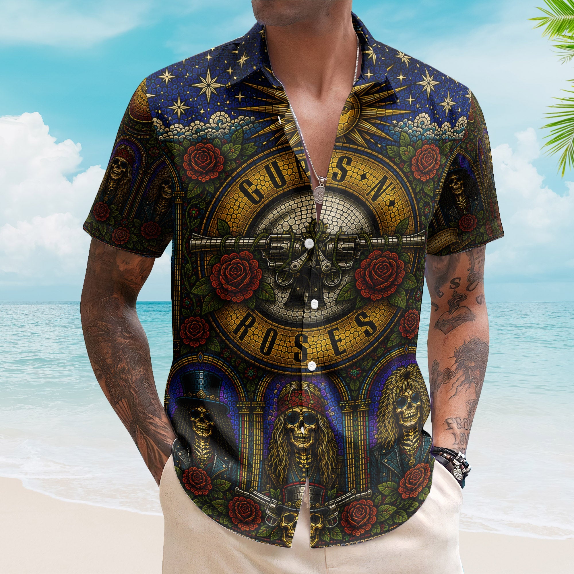 Guns N Roses Hawaiian Shirt - Unisex Slash Skull Axl Rose Summer Button Up