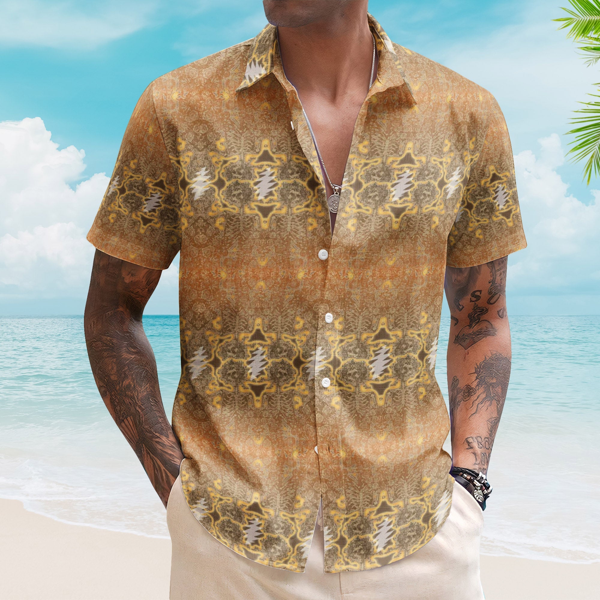 Grateful Dead Desert Bolt Electric Woodcut III Hawaiian Shirt – Retro Music Album Art Inspired Shirt
