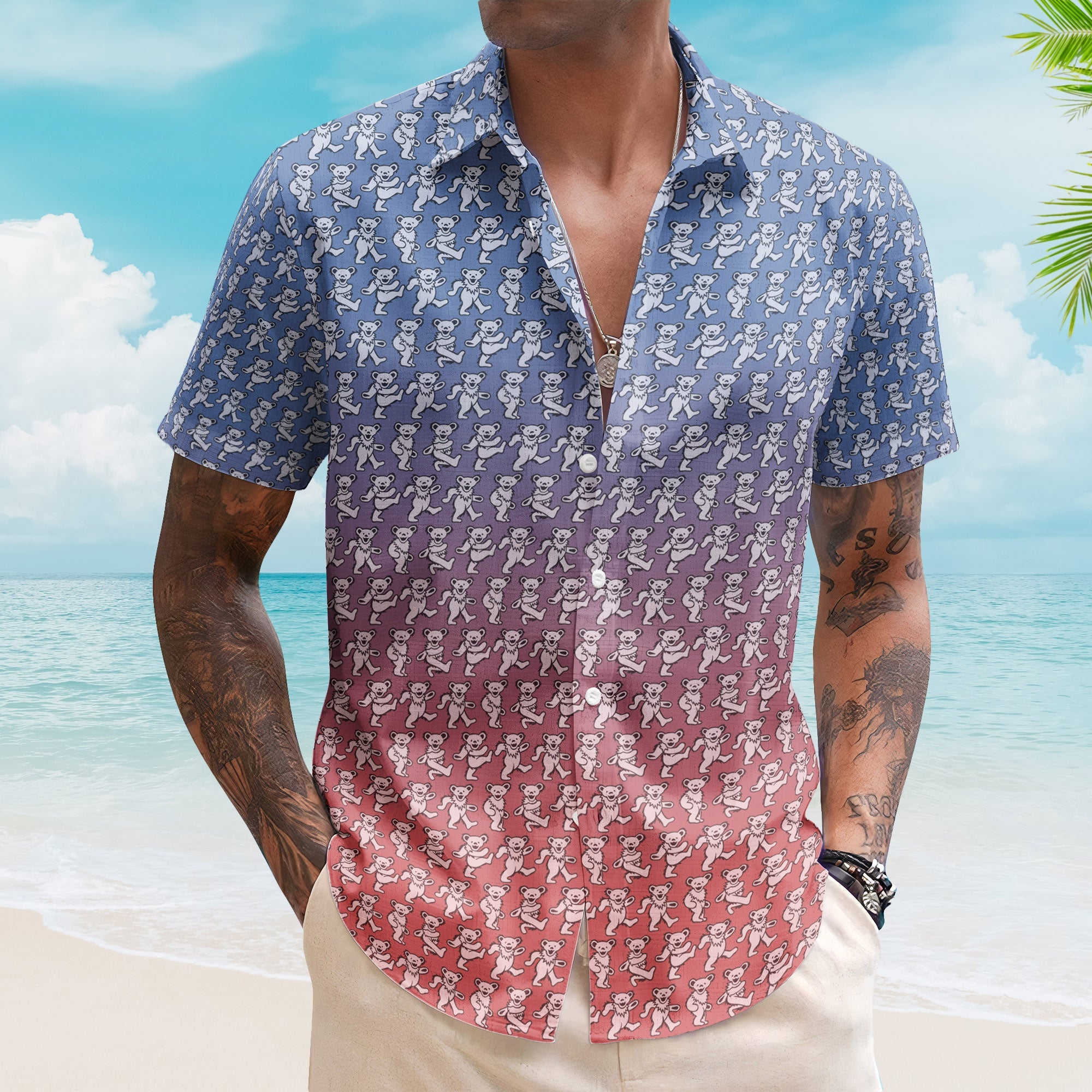 Grateful Dead Dancing Bears Hawaiian Shirt - Blue Purple Gradient Monogram Beach Shirt - Retro Music Album Art Inspired