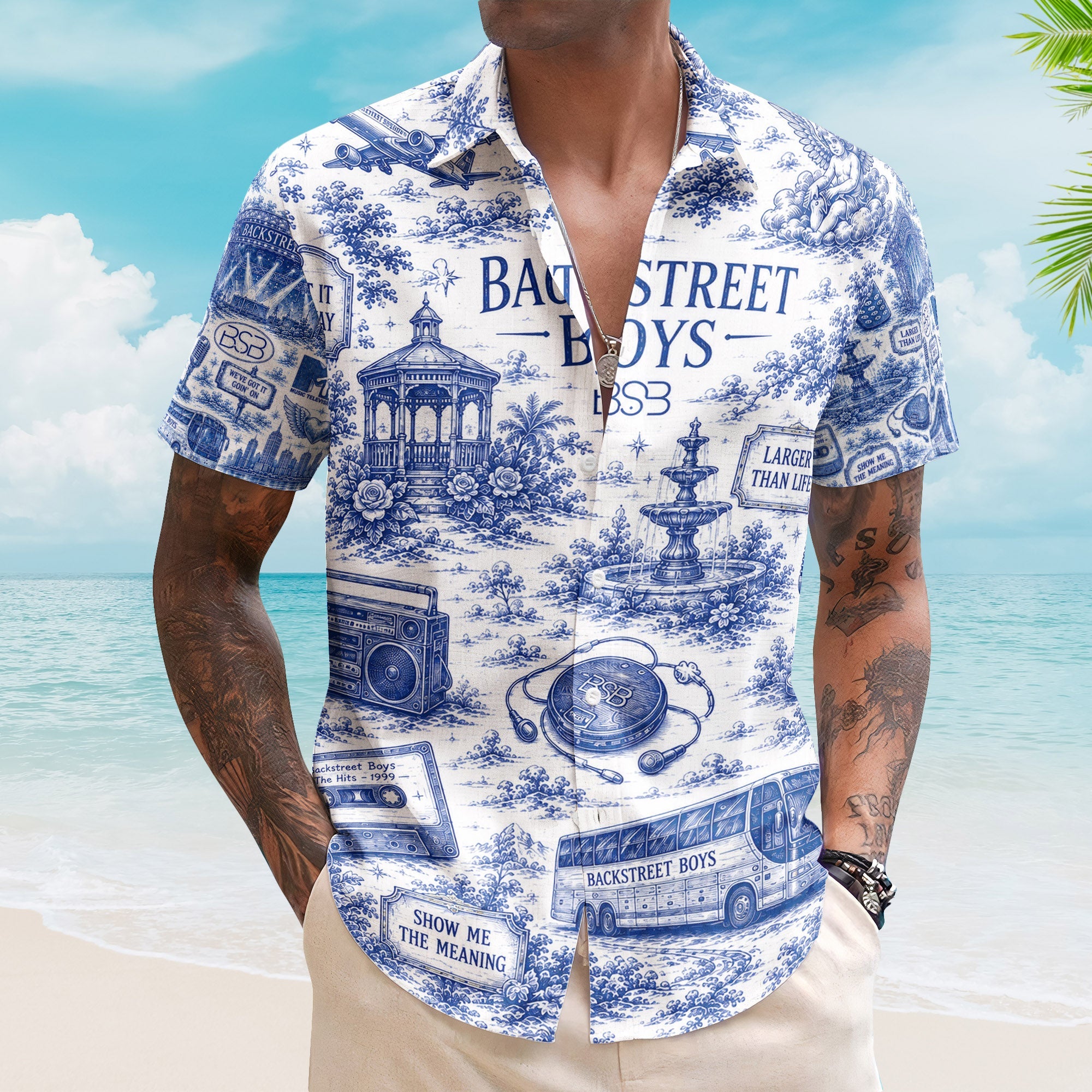 Backstreet Boys Hawaiian Shirt - Unisex Blue and White Porcelain Pop Band Button Up