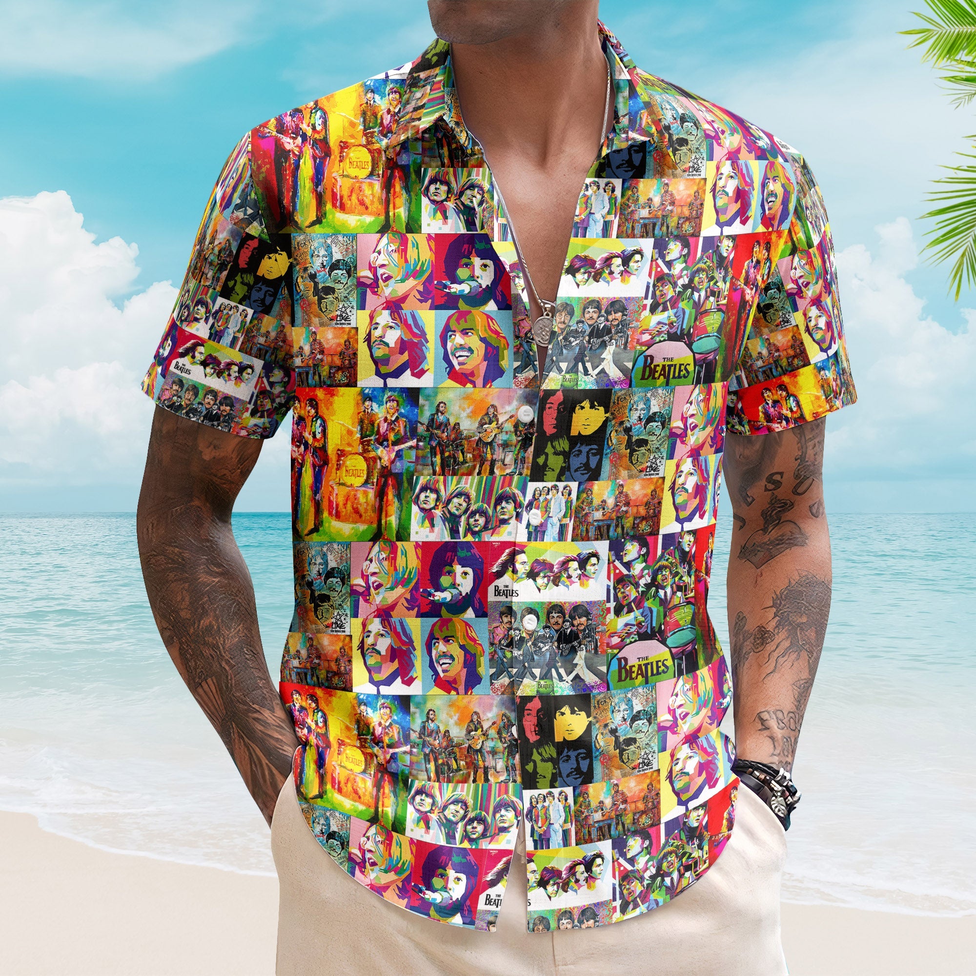 The Beatles Hawaiian Shirt – Pop Art Collage Psychedelic Rock Summer Button Up
