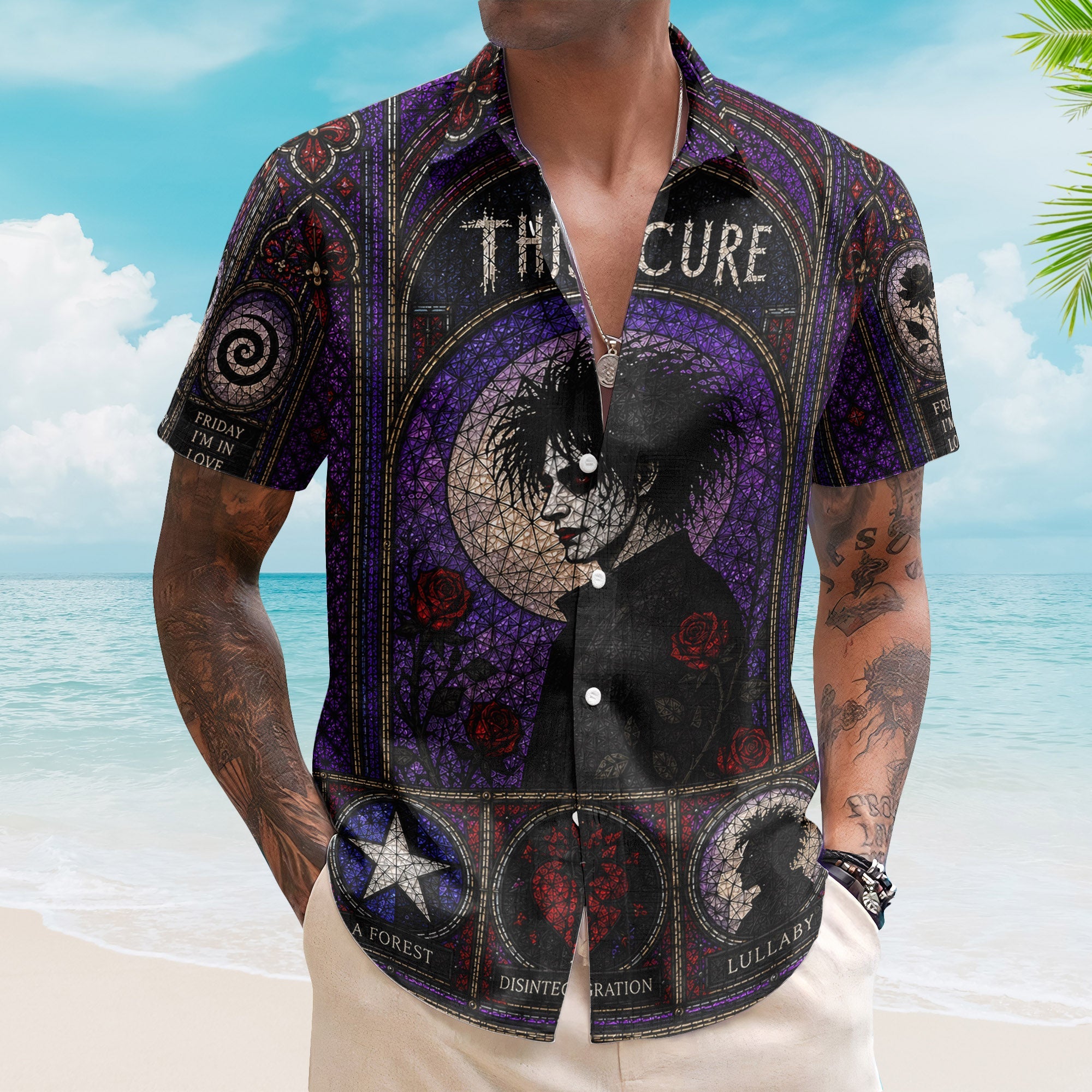 The Cure Gothic Stained Glass Hawaiian Shirt - Unisex Post Punk Dark Wave Alternative Beach Button Up