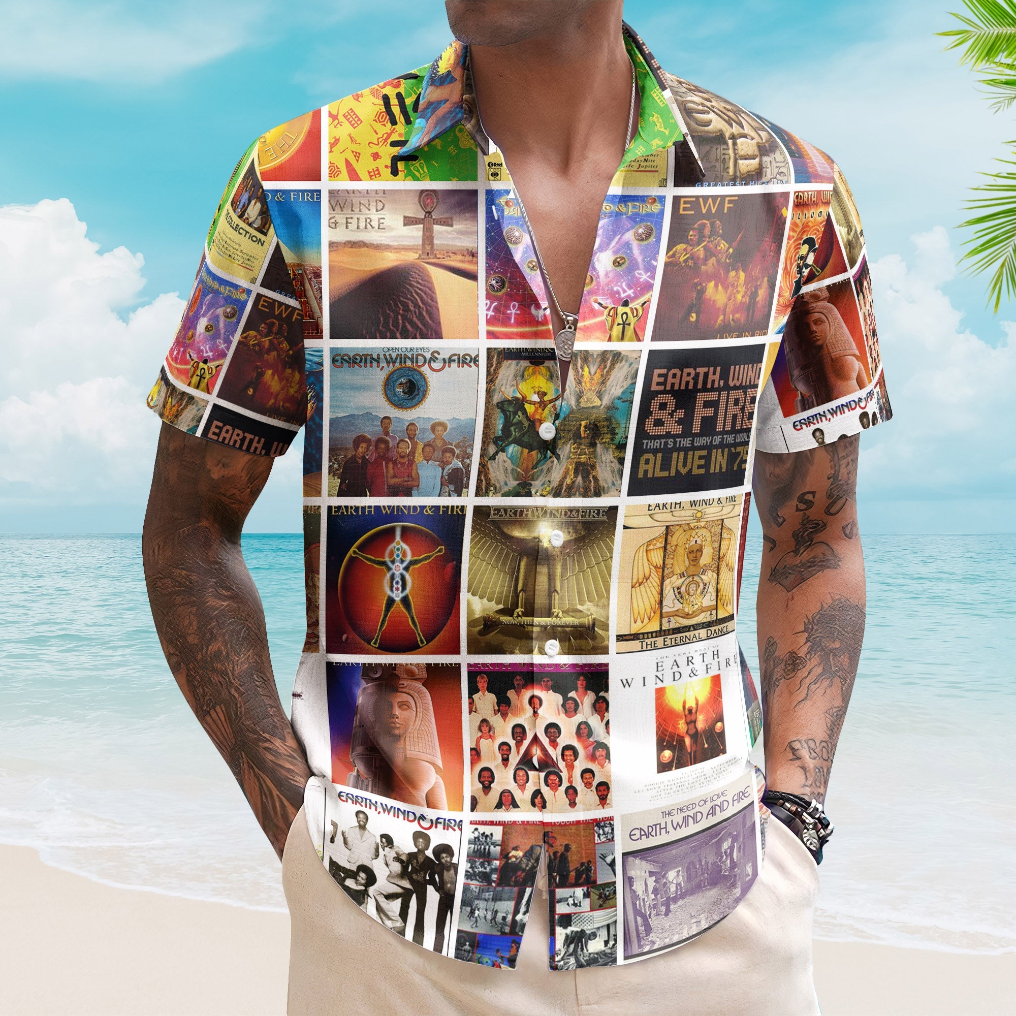 Earth, Wind & Fire Hawaiian Shirt – Album Cover Collage Retro Funk Soul Summer Button Up