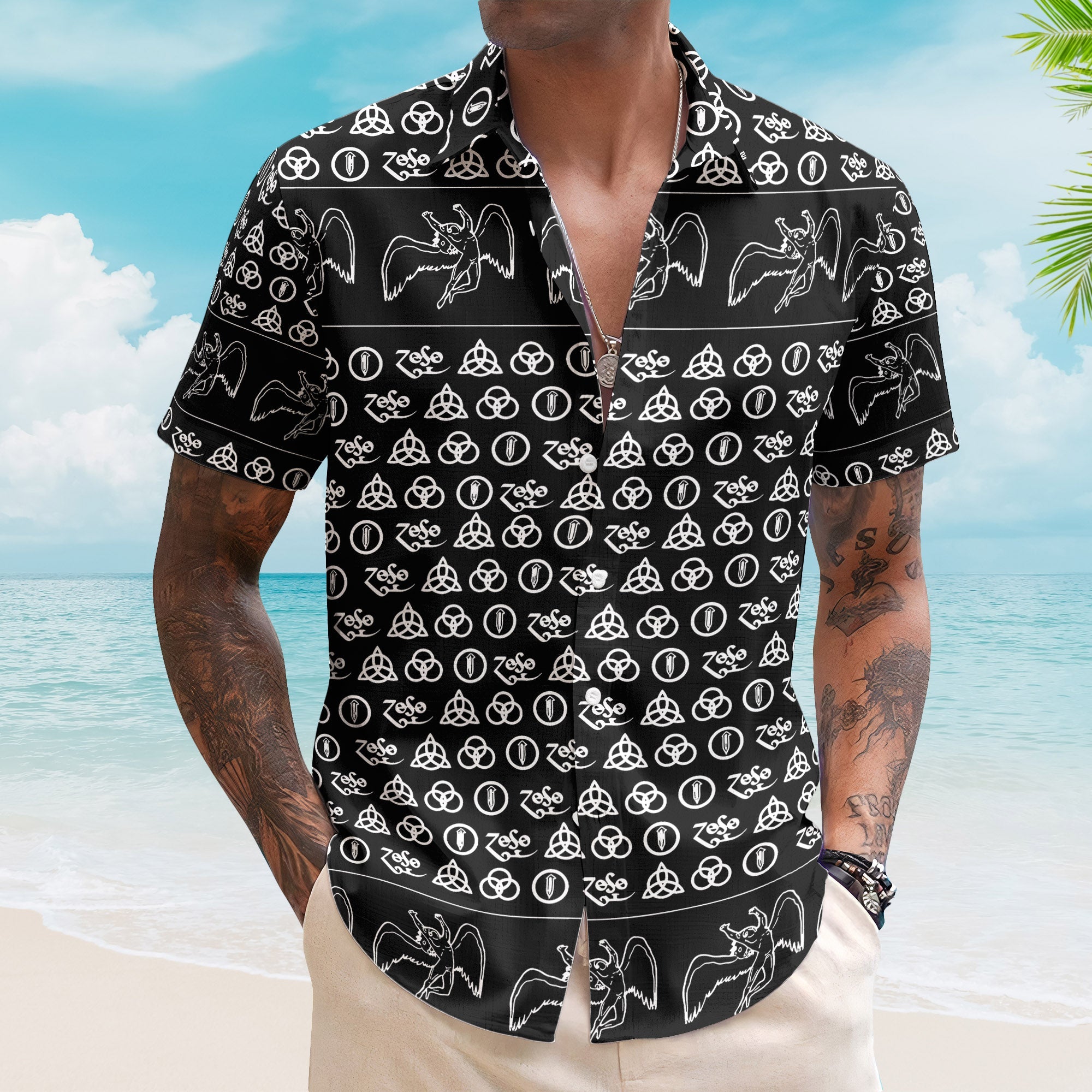 Led Zeppelin ZoSo Monogram Hawaiian Shirt – Unisex Swan Song Angel Graphic Collage Button Up
