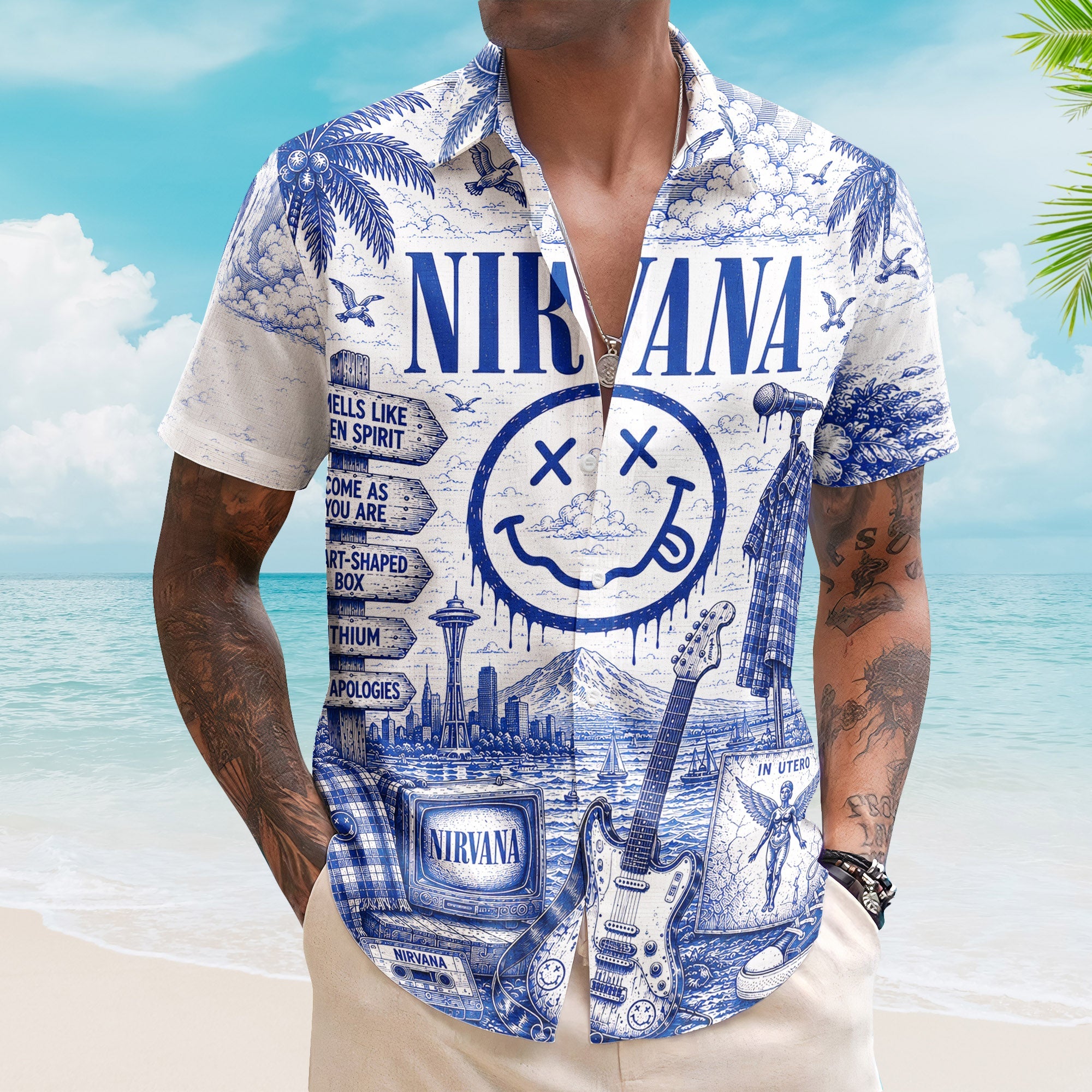 Nirvana Toile De Jouy Hawaiian Shirt - Unisex Vintage Smells Like Teen Spirit Blue Line Art Summer Button Up