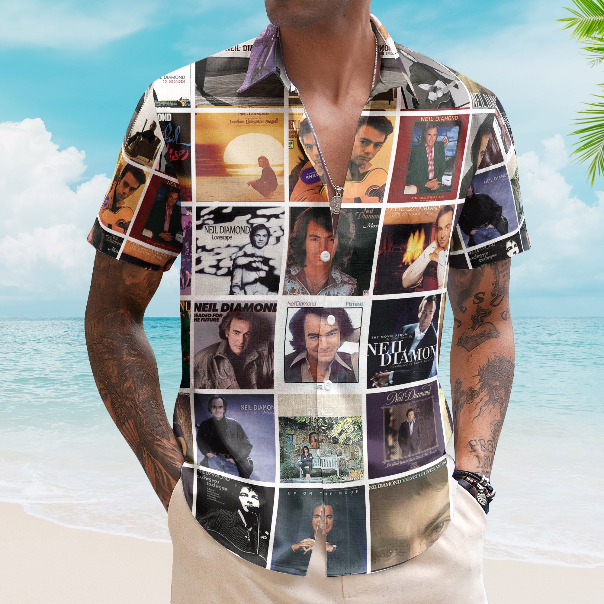 Neil Diamond Album Collage Hawaiian Shirt – Pop Rock Music Fan Shirt