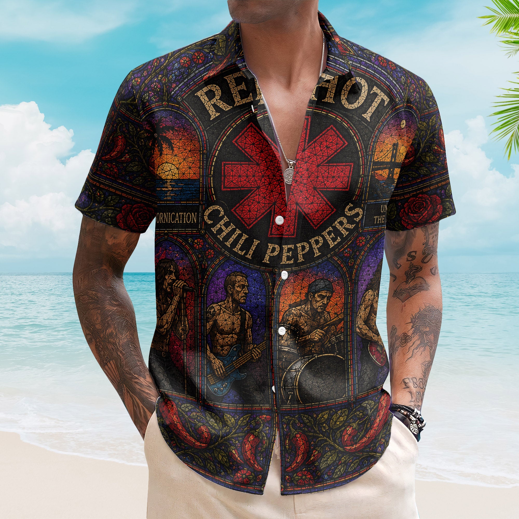Red Hot Chili Peppers Gothic Stained Glass Hawaiian Shirt - Unisex Retro Californication Star Logo Button Up
