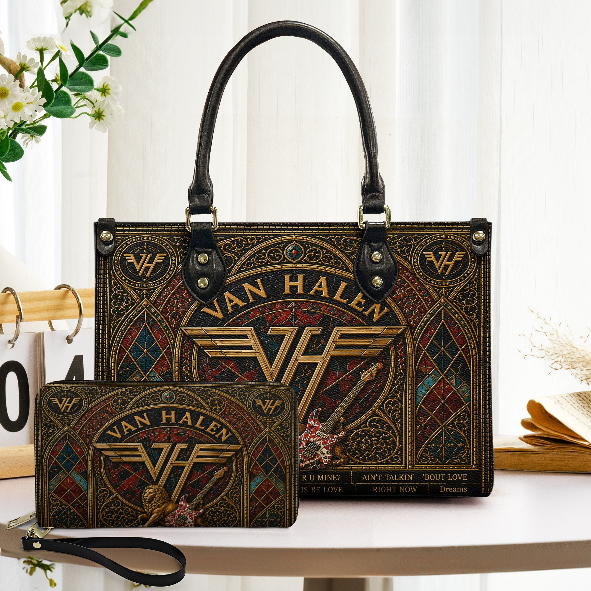 Van Halen Leather Handbag, Tote Bag and Wallet Set, Vintage Stained Glass Rock Band Design, Classic Rock Music Fan Gift
