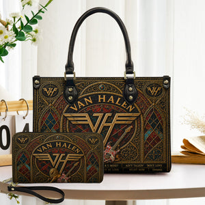 Van Halen Leather Handbag, Tote Bag and Wallet Set, Vintage Stained Glass Rock Band Design, Classic Rock Music Fan Gift