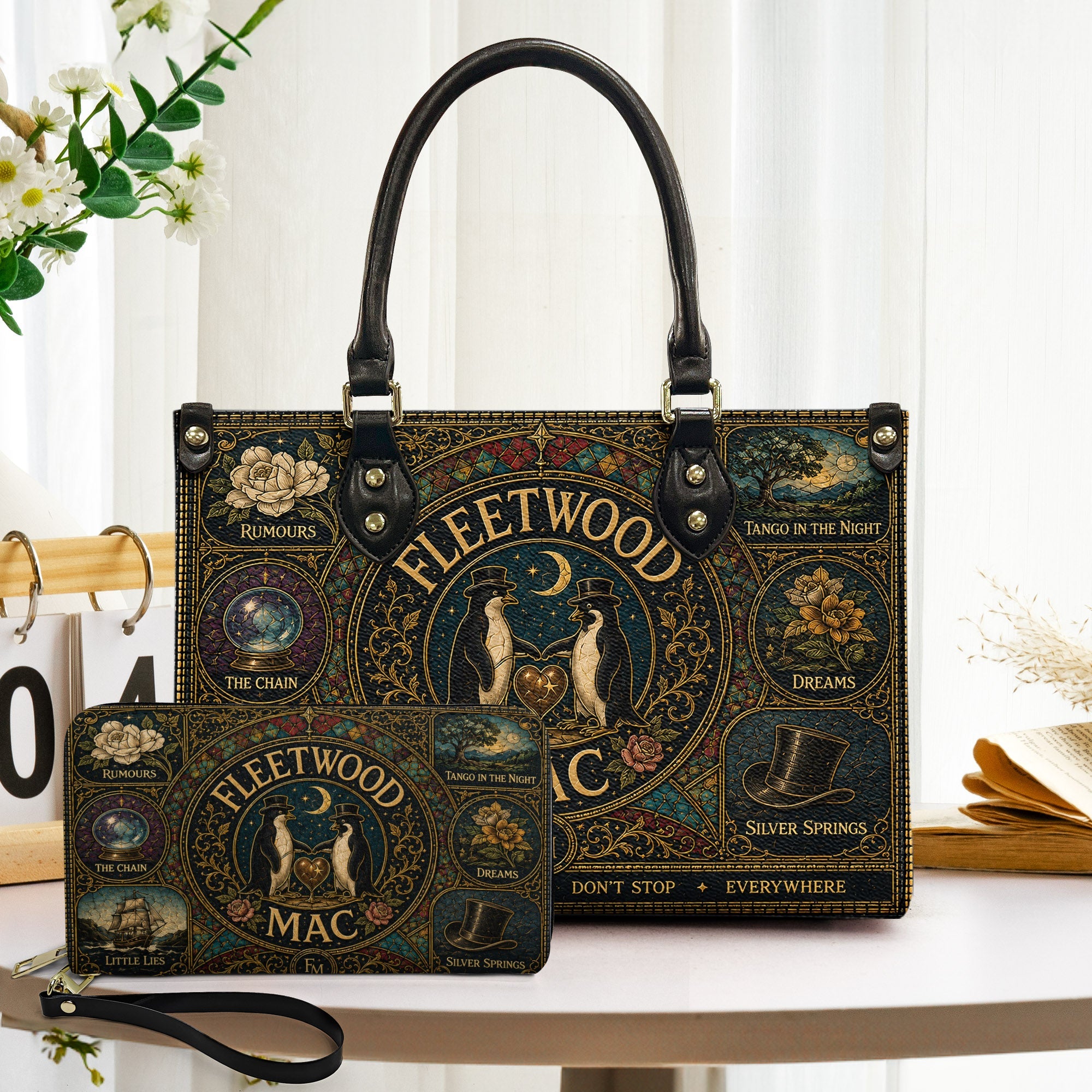 Fleetwood Mac Leather Handbag, Tote Bag and Wallet Set, Vintage Stained Glass Rumours Design, Classic Rock Music Fan Gift