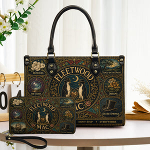 Fleetwood Mac Leather Handbag, Tote Bag and Wallet Set, Vintage Stained Glass Rumours Design, Classic Rock Music Fan Gift