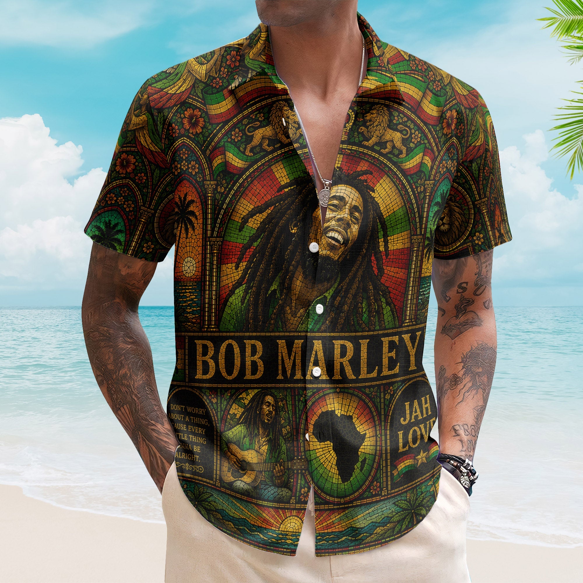 Bob Marley Hawaiian Shirt - Unisex Retro Three Little Birds Lyrics Summer Button Up