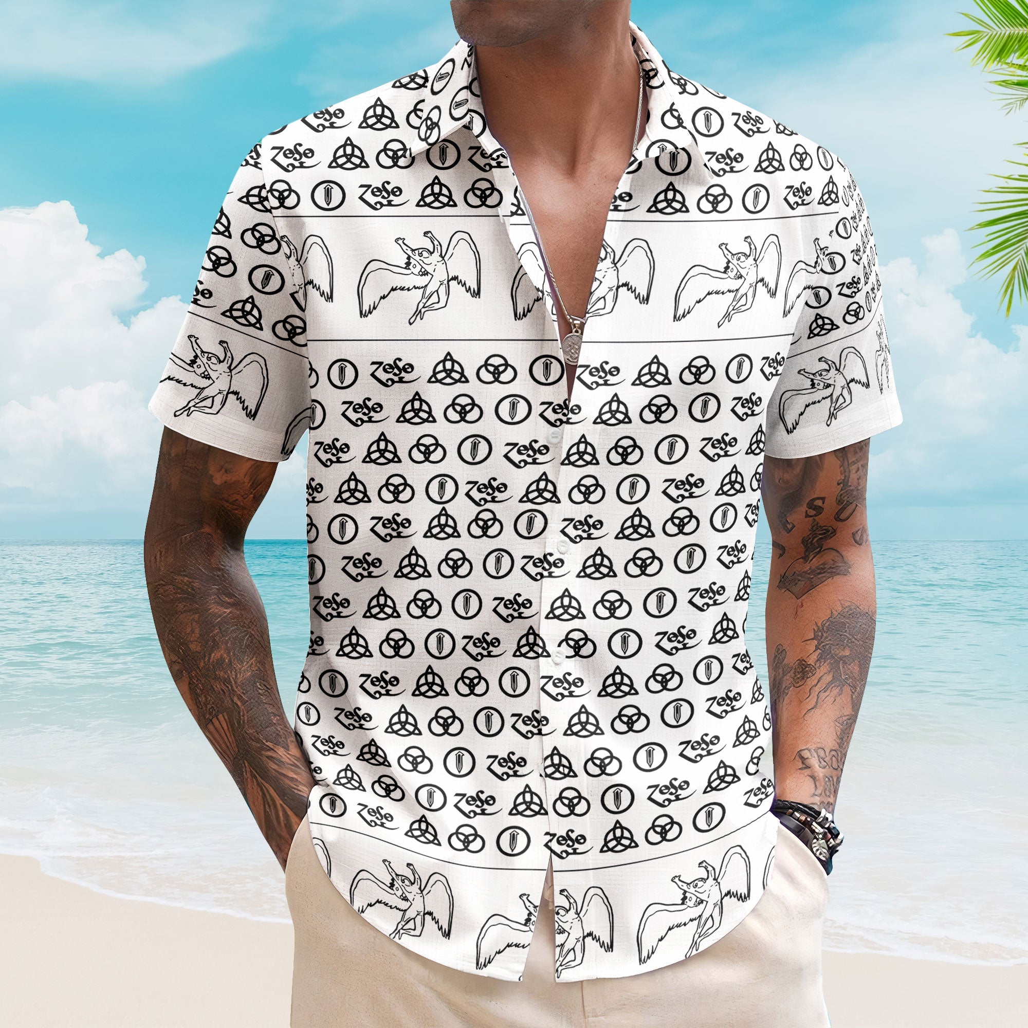 Led Zeppelin Four Symbols Zoso Monogram Hawaiian Shirt - Retro Music Album Art Inspired