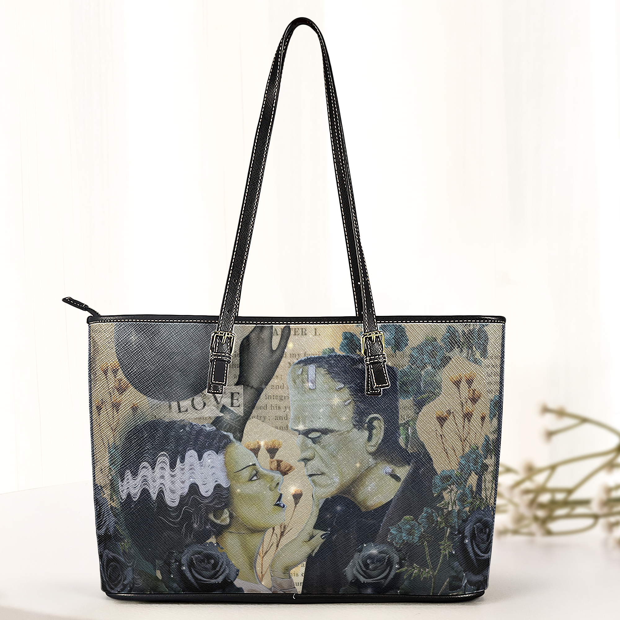 Frankenstein & Bride Leather Tote Bag Gothic Romance Horror Design