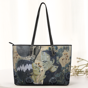 Frankenstein & Bride Leather Tote Bag Gothic Romance Horror Design