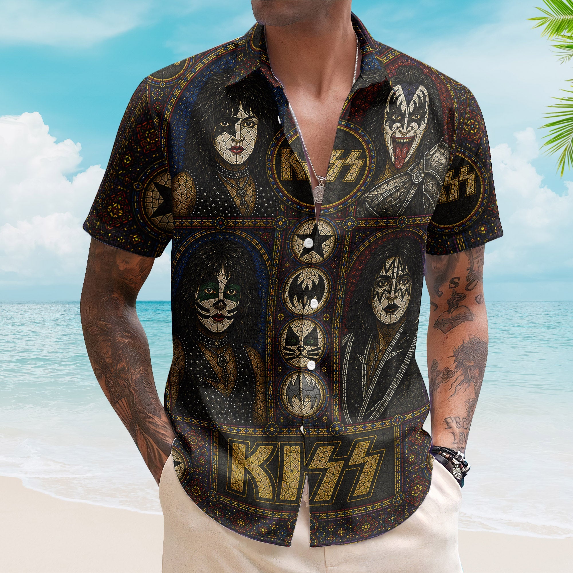 Kiss Band Gene Simmons Paul Stanley Face Paint Hawaiian Shirt - Unisex Hard Rock Concert Summer Button Up