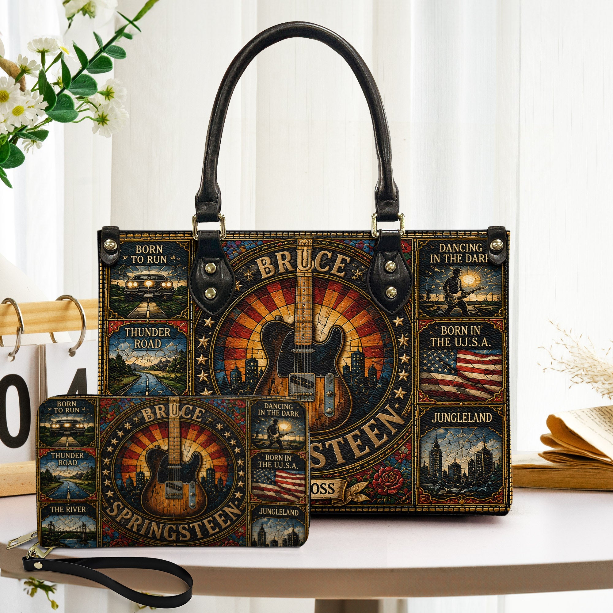 Bruce Springsteen Handbag, Tote Bag and Wallet Set, Vintage Stained Glass Guitar Design, The Boss Rock Music Fan Gift
