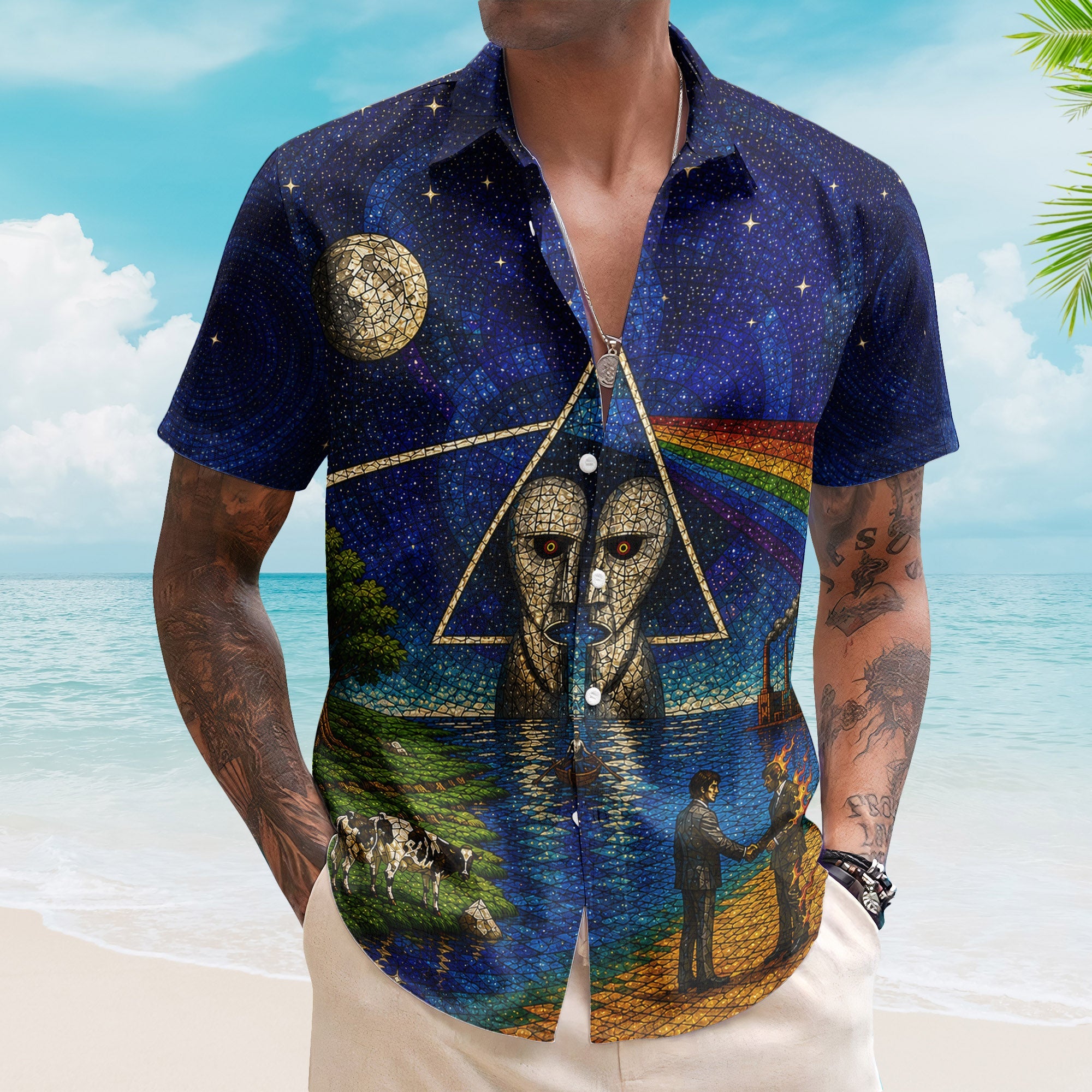 Pink Floyd Hawaiian Shirt - Unisex Dark Side Of The Moon Cathedral Window Button Up