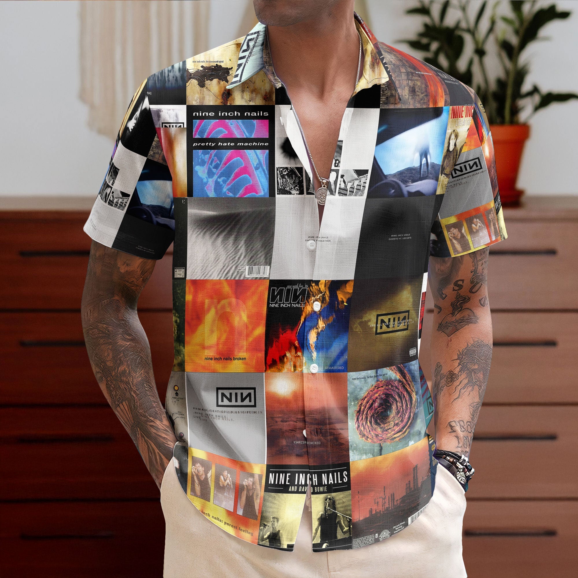 Nine Inch Nails Hawaiian Shirt – Album Cover Collage Industrial Rock Summer Button Up
