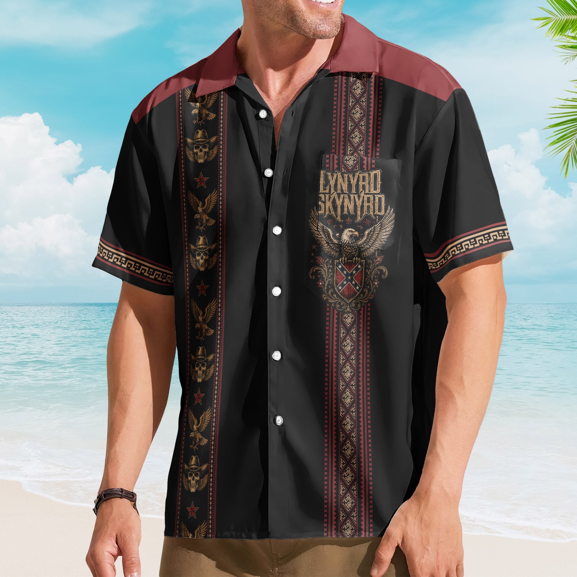 Lynyrd Skynyrd Hawaiian Shirt - Unisex Retro Cowboy Skull Eagle Vertical Stripe Button Up