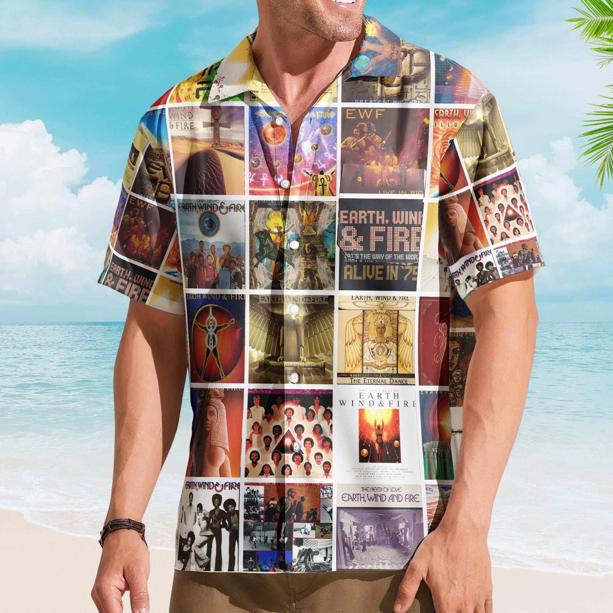Earth, Wind & Fire Hawaiian Shirt – Album Cover Collage Retro Funk Soul Summer Button Up