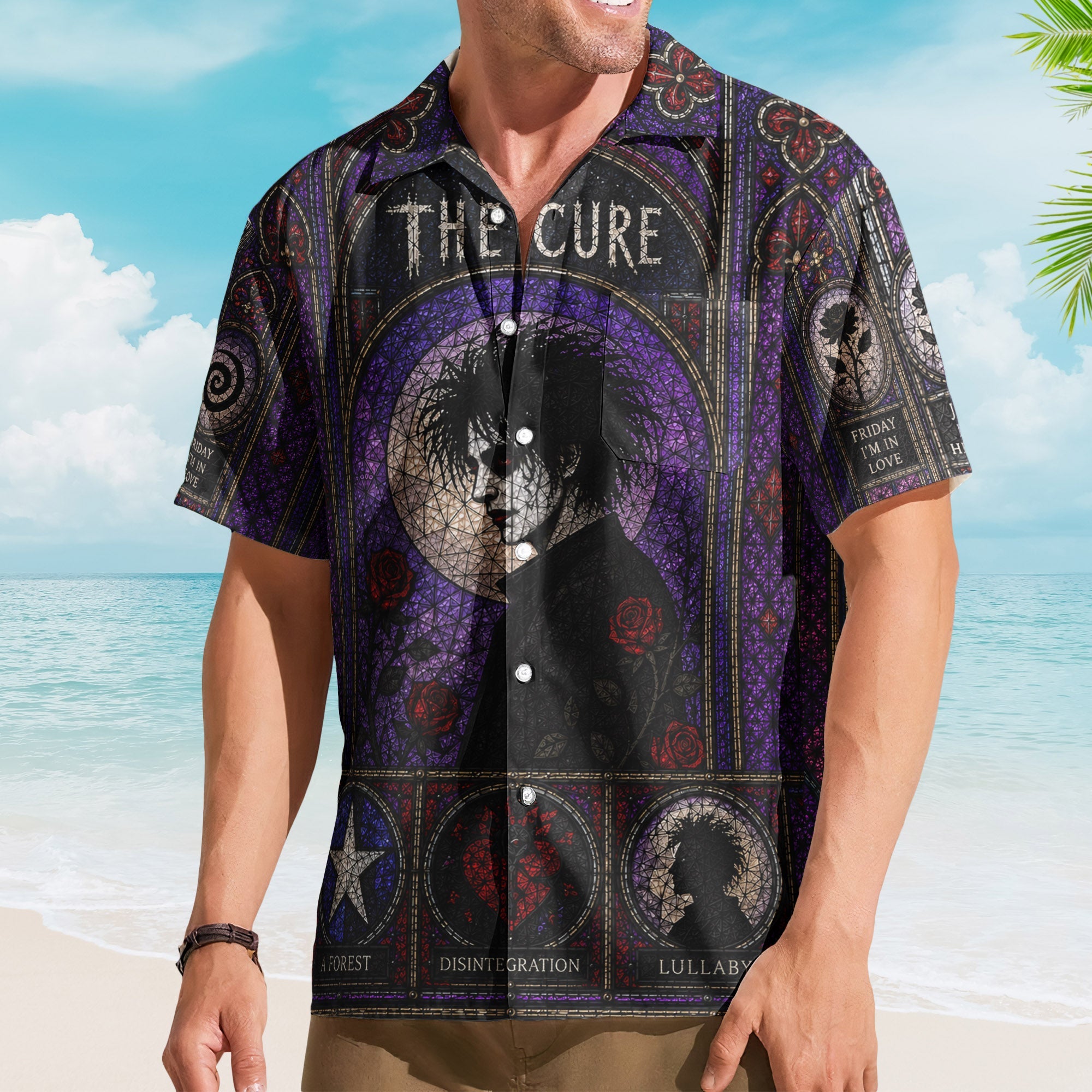 The Cure Gothic Stained Glass Hawaiian Shirt - Unisex Post Punk Dark Wave Alternative Beach Button Up