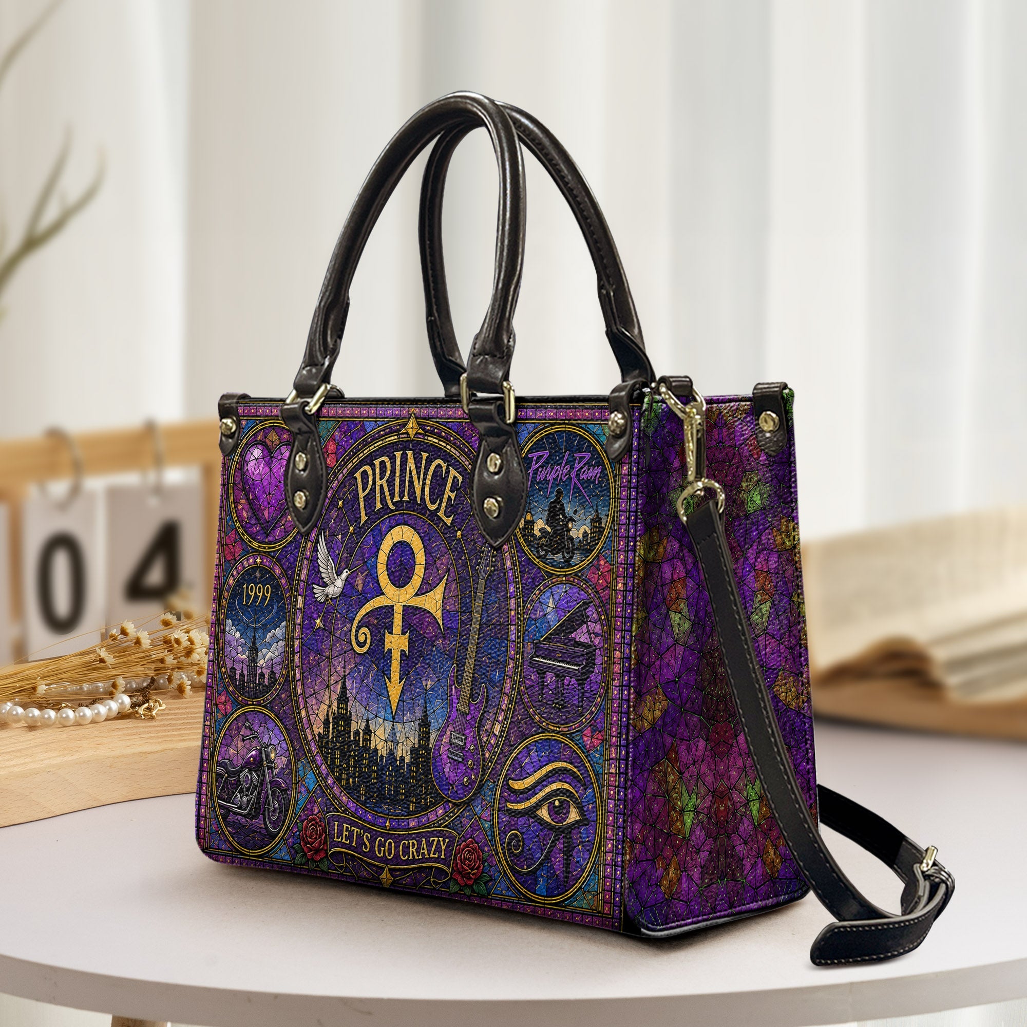 Prince Leather Handbag, Tote Bag and Wallet Set, Purple Stained Glass Symbol Design, Purple Rain Music Fan Gift