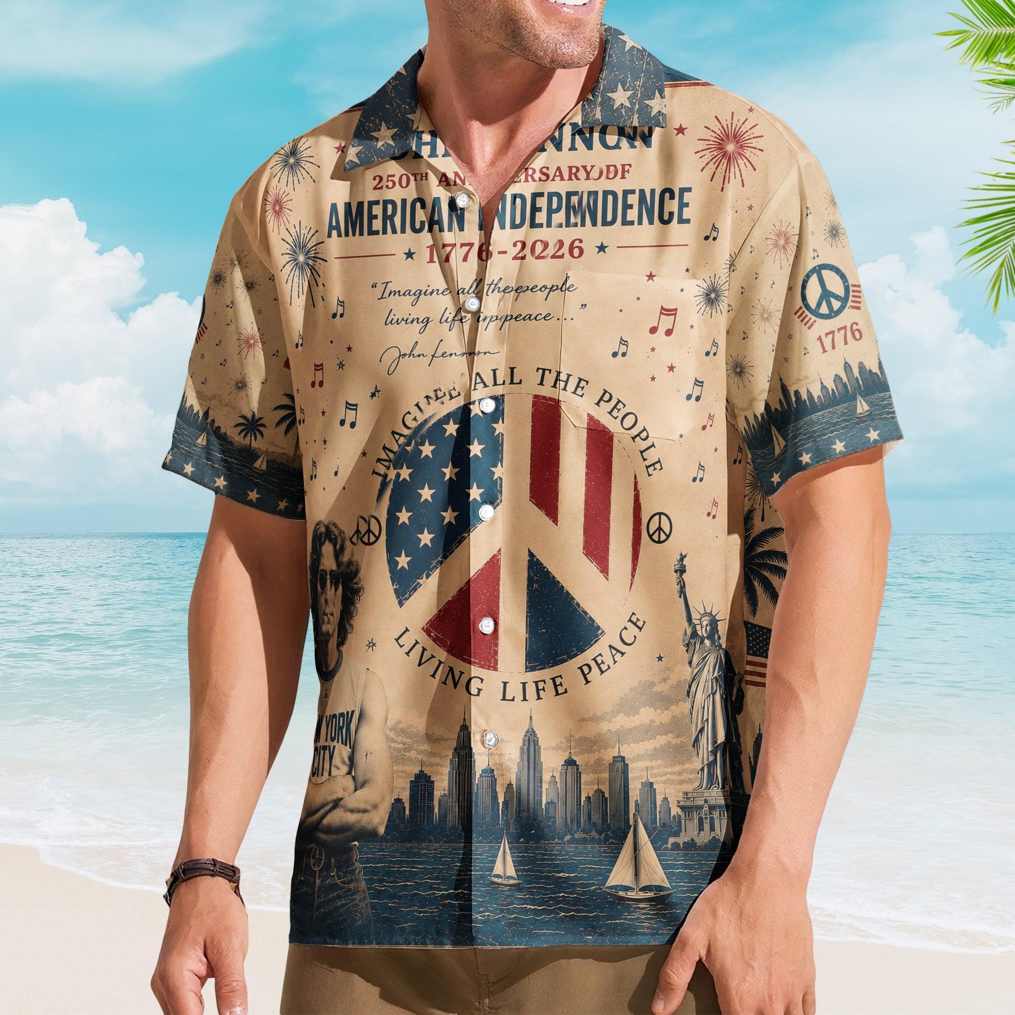 John Lennon Imagine Hawaiian Shirt - Unisex 250th American Independence Peace Sign Shirt
