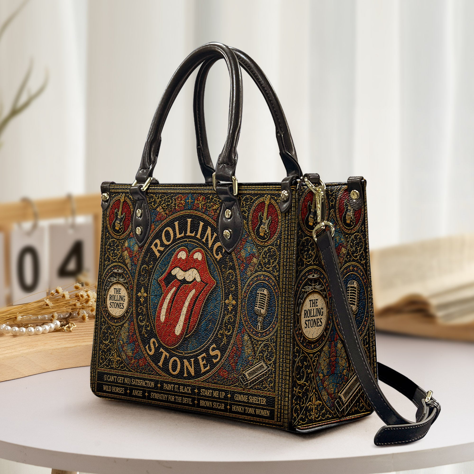The Rolling Stones Leather Handbag, Tote Bag and Wallet Set, Vintage Stained Glass Tongue Logo Design, Classic Rock Fan Gift