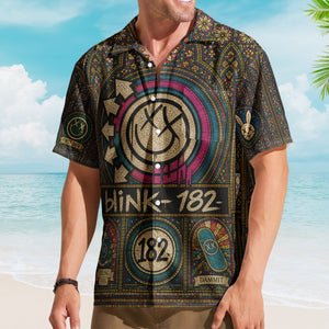 Blink-182 Hawaiian Shirt - Unisex Retro Smiley Face Cathedral Window Button Up