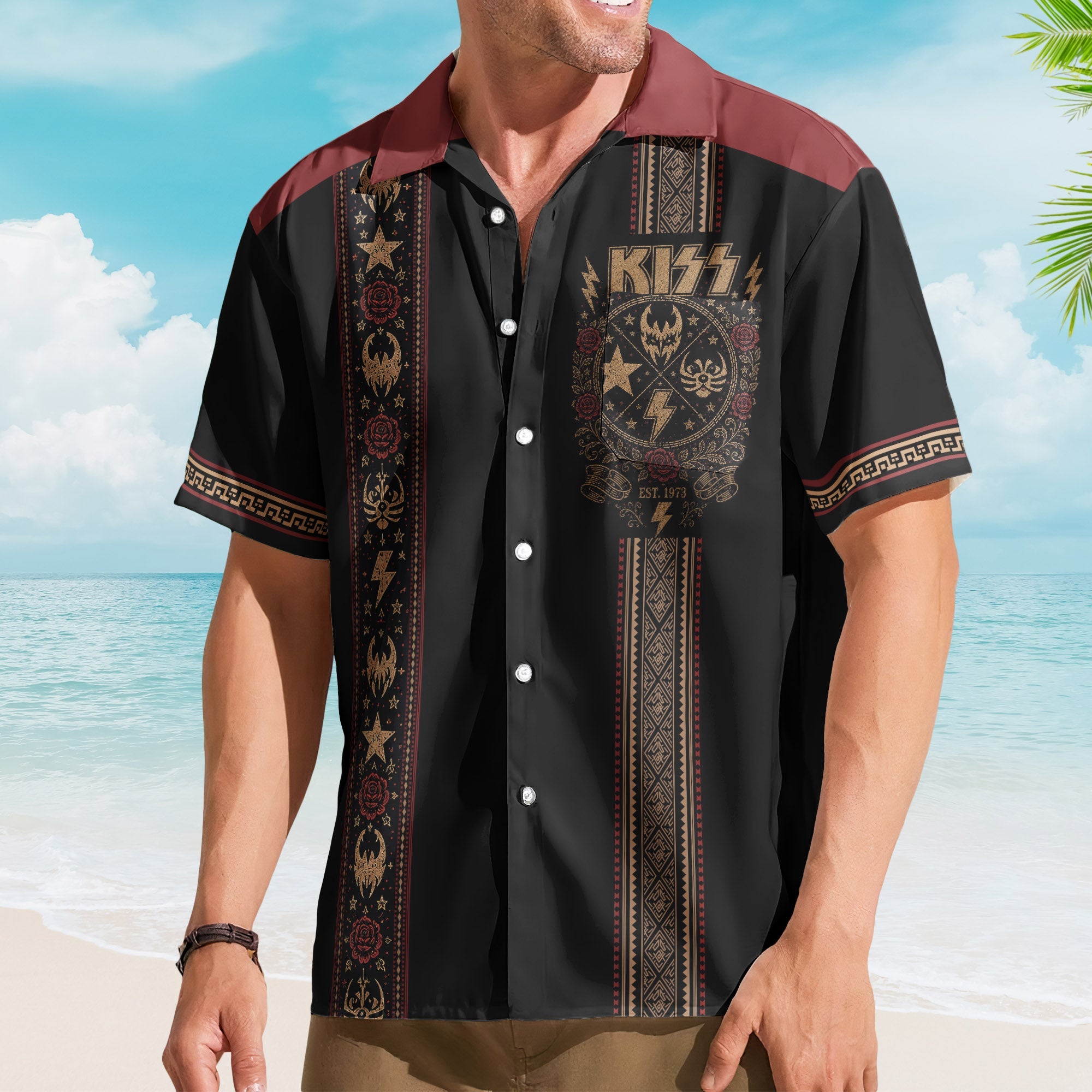 Kiss Hawaiian Shirt - Unisex Black Burgundy Tribal Lightning Bolt Summer Button Up