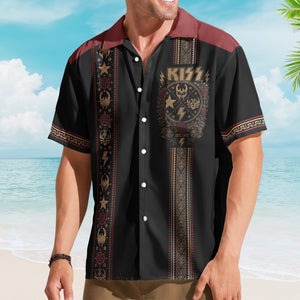 Kiss Hawaiian Shirt - Unisex Black Burgundy Tribal Lightning Bolt Summer Button Up