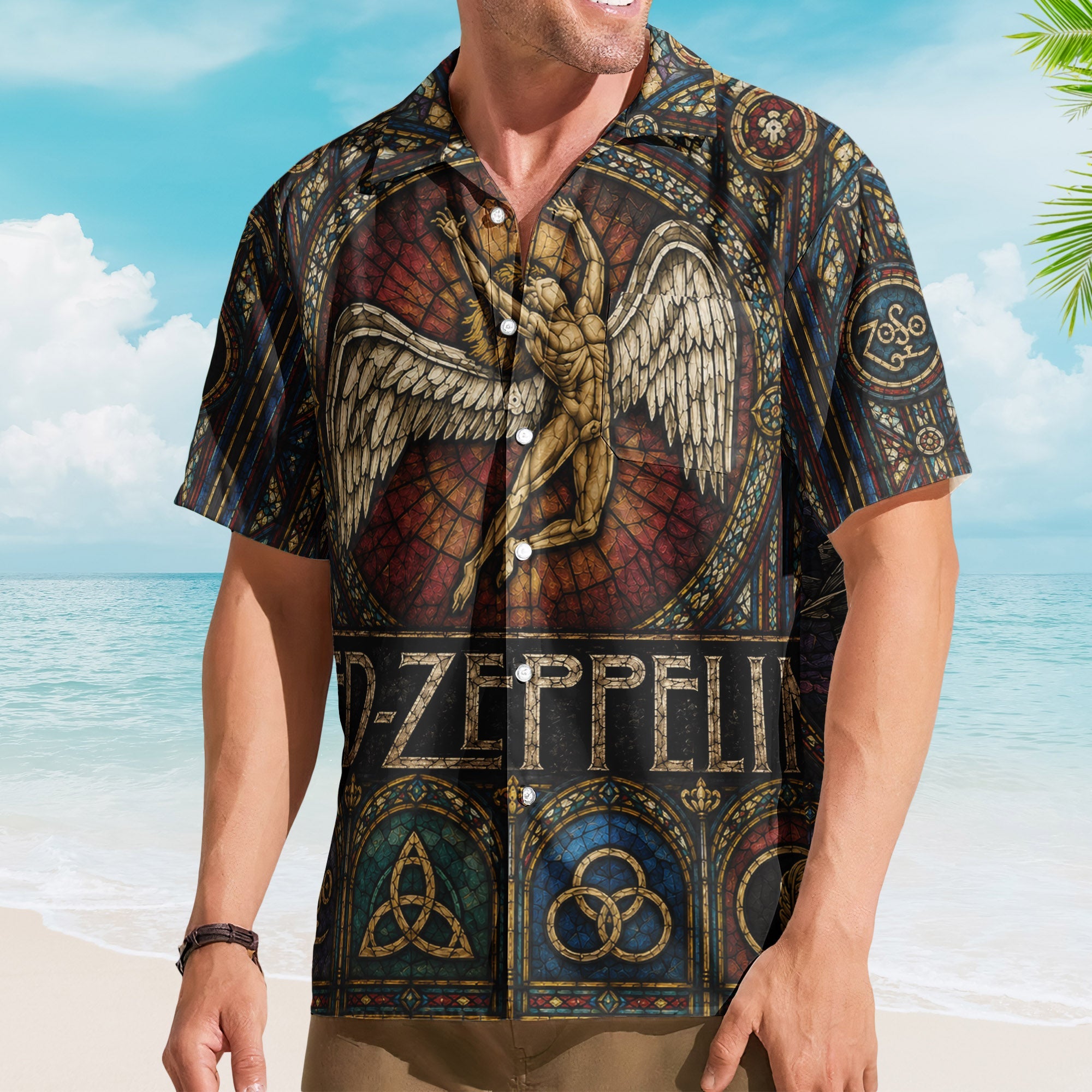 Led Zeppelin Swan Song Angel Hawaiian Shirt - Unisex Colorful Stained Glass Button Up