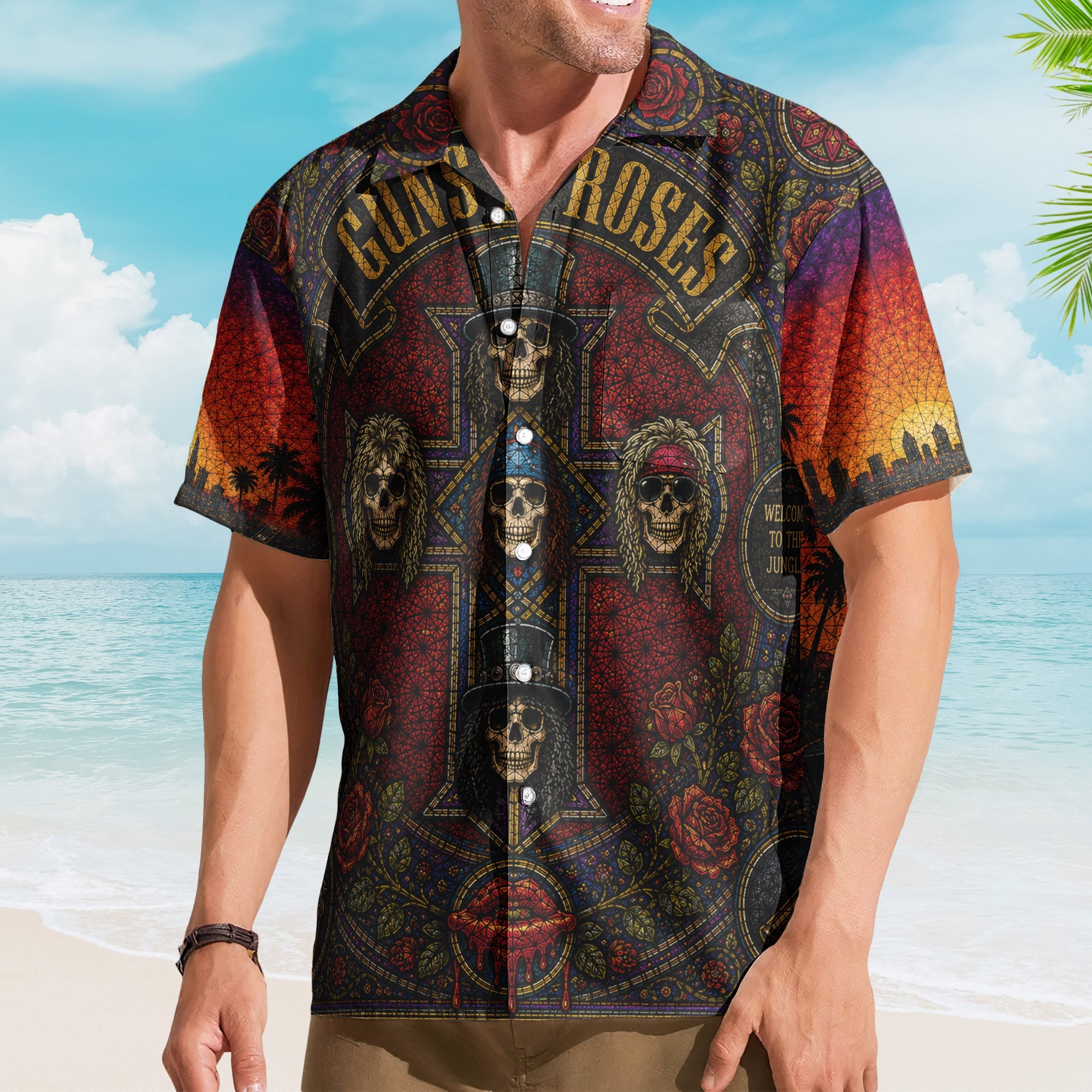 Guns N Roses Gothic Stained Glass Hawaiian Shirt - Unisex Slash Axl Rose Concert Button Up