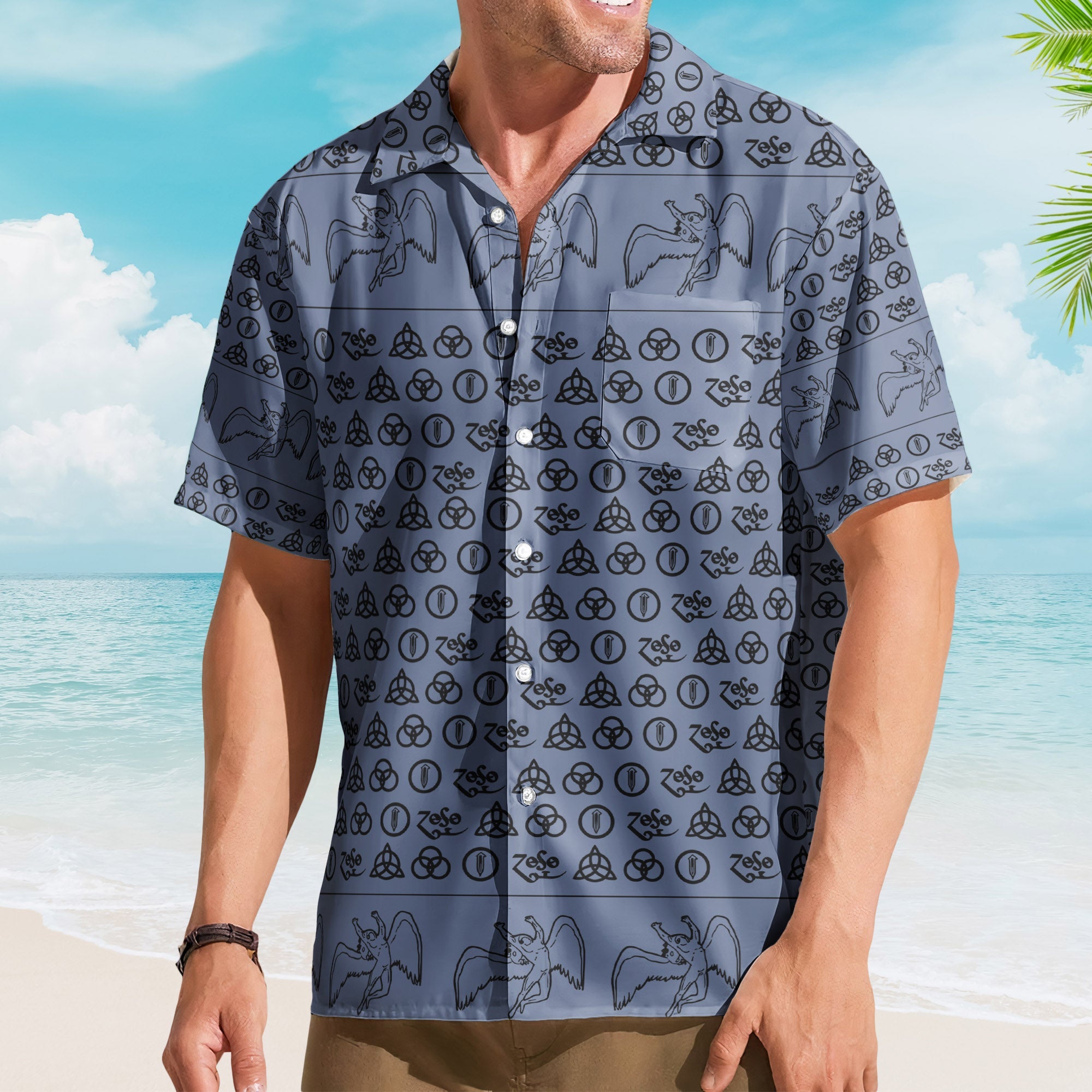 Led Zeppelin ZoSo Monogram Hawaiian Shirt – Unisex Swan Song Angel Graphic Collage Button Up