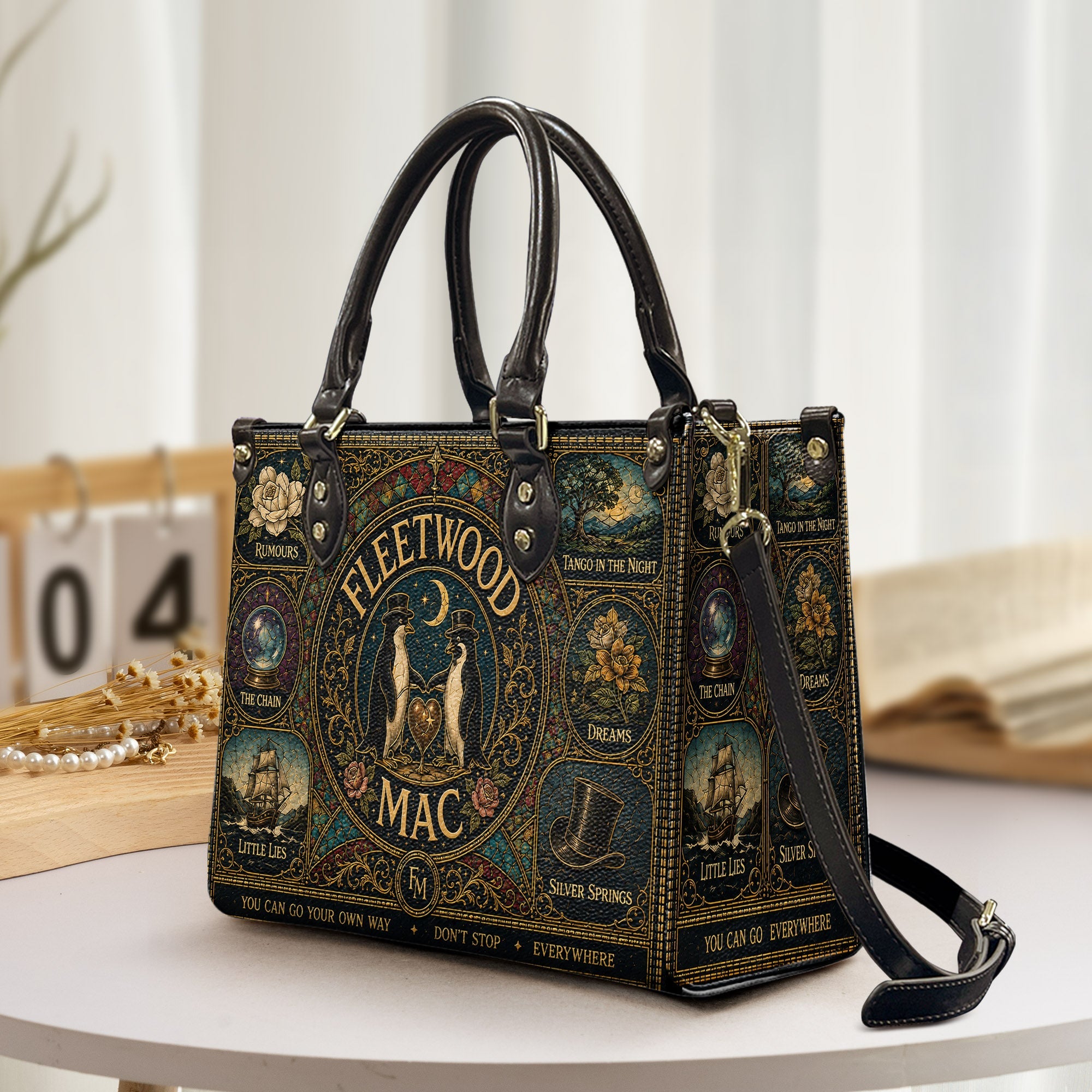 Fleetwood Mac Leather Handbag, Tote Bag and Wallet Set, Vintage Stained Glass Rumours Design, Classic Rock Music Fan Gift