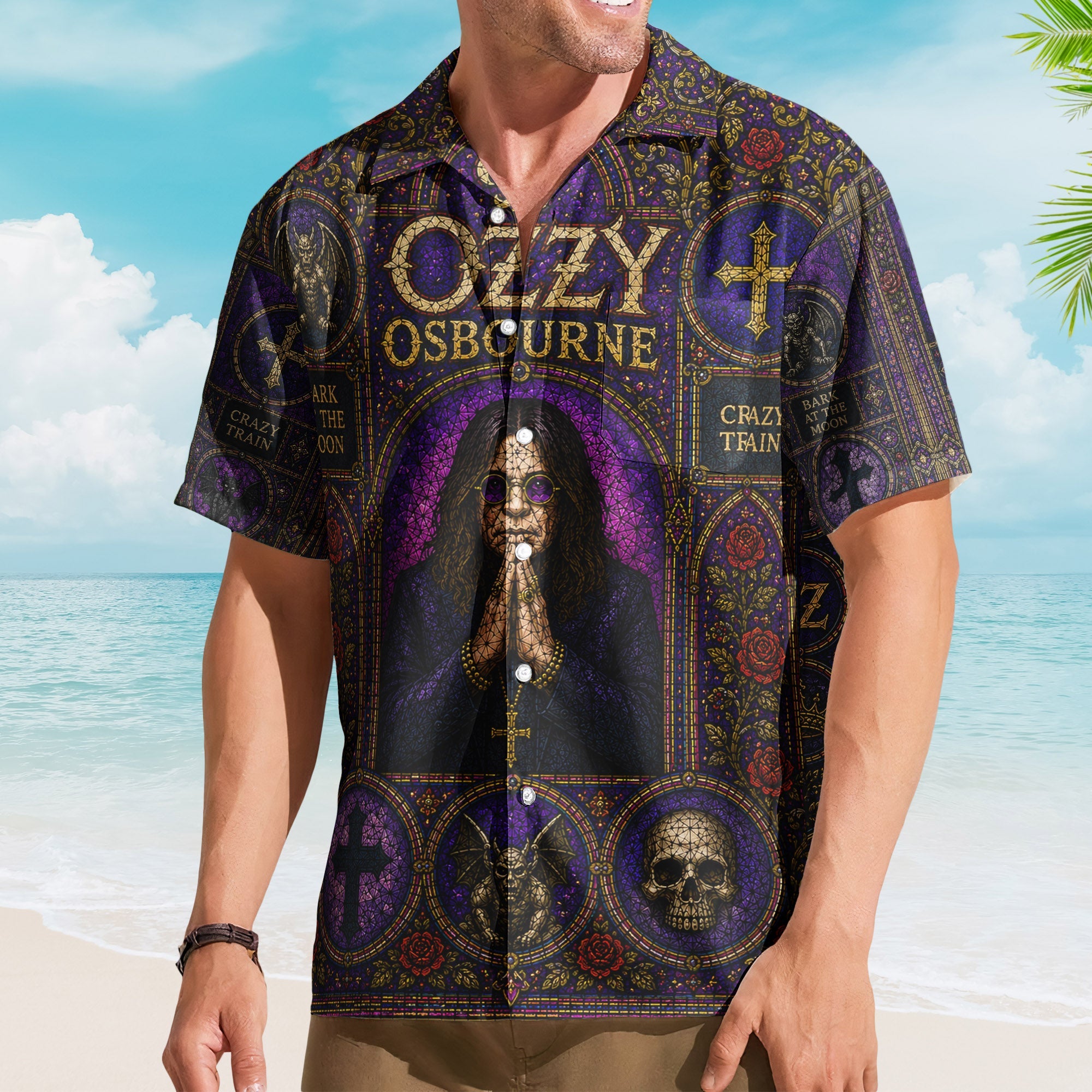 Ozzy Osbourne Gothic Stained Glass Hawaiian Shirt - Unisex Heavy Metal Beach Button Up