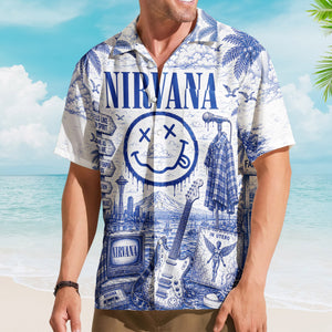 Nirvana Toile De Jouy Hawaiian Shirt - Unisex Vintage Smells Like Teen Spirit Blue Line Art Summer Button Up