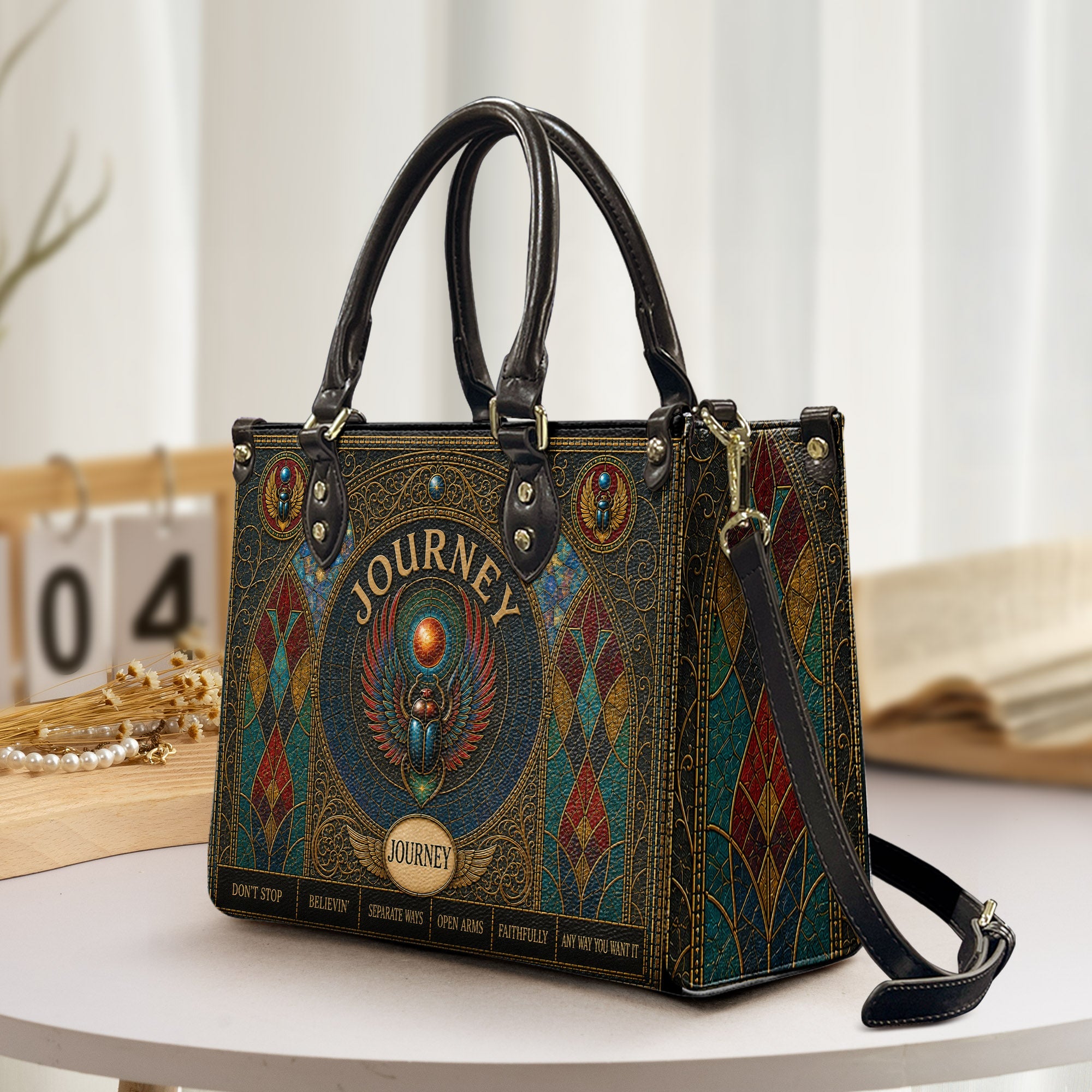 Journey Handbag, Tote Bag and Wallet Set, Stained Glass Scarab Design, Don't Stop Believin' Classic Rock Fan Gift