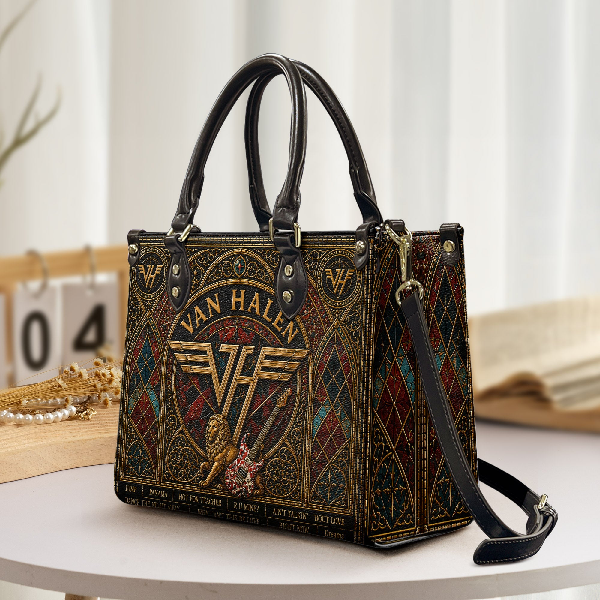 Van Halen Leather Handbag, Tote Bag and Wallet Set, Vintage Stained Glass Rock Band Design, Classic Rock Music Fan Gift