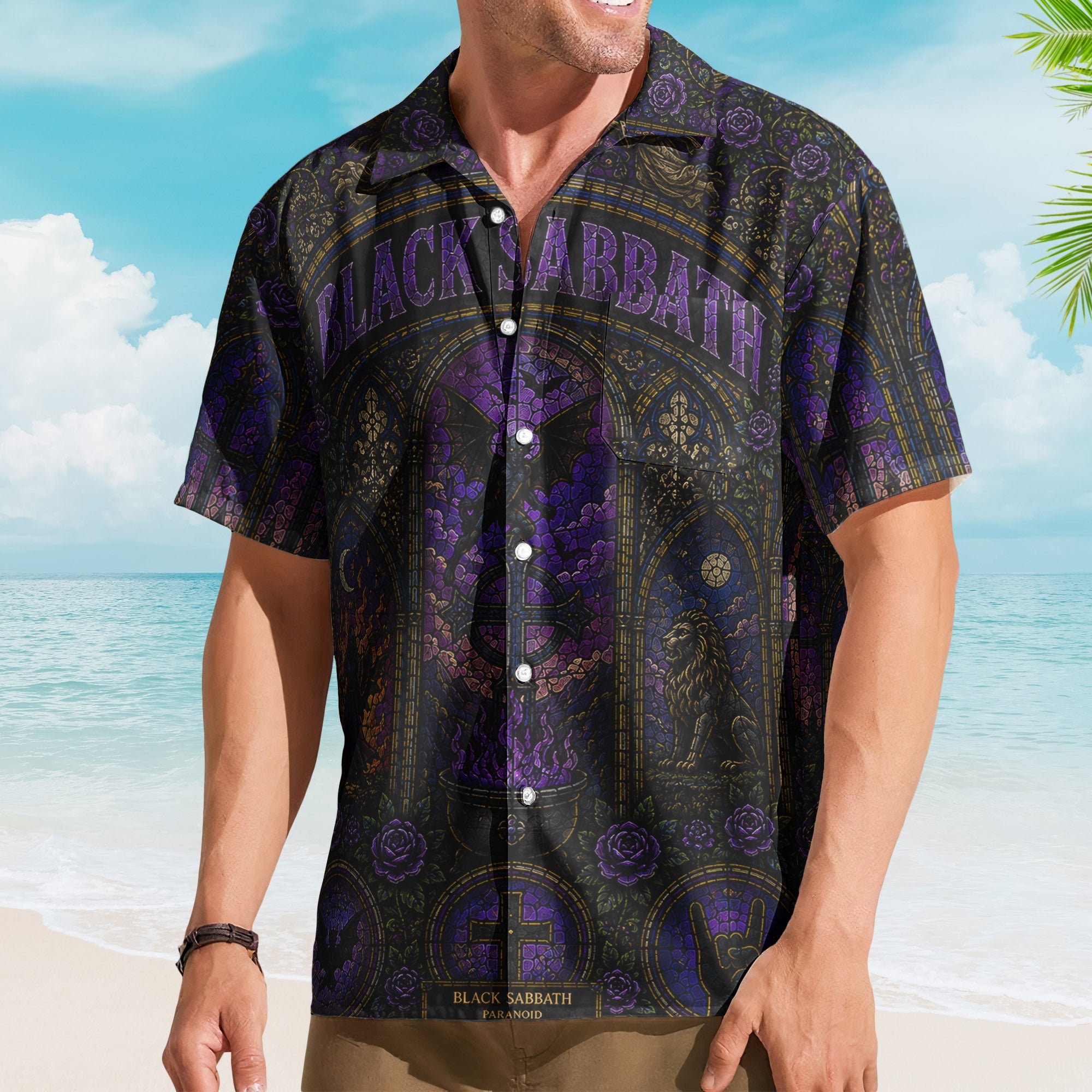 Black Sabbath Hawaiian Shirt - Unisex Retro Doom Rock Purple Cathedral Window Button Up