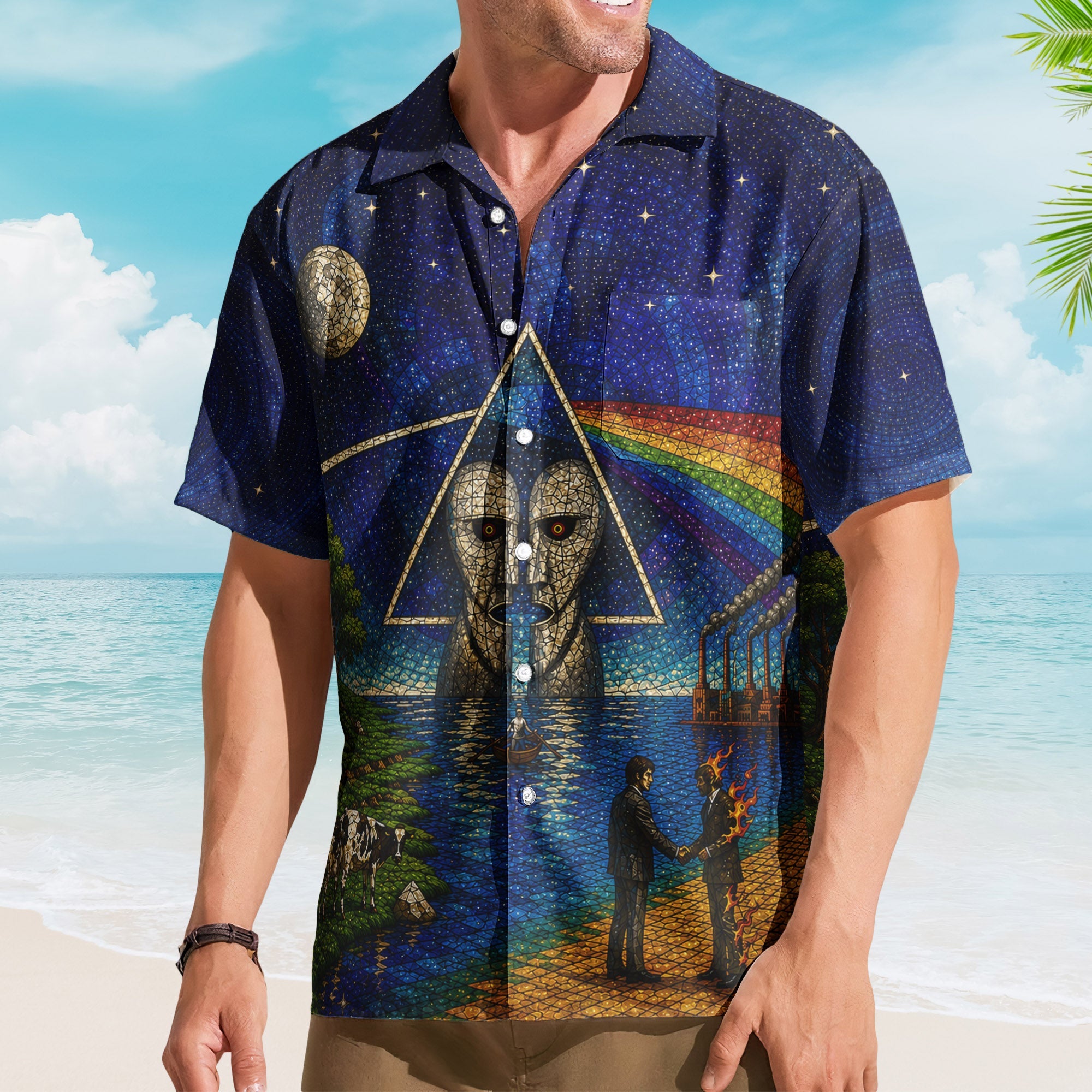 Pink Floyd Hawaiian Shirt - Unisex Dark Side Of The Moon Cathedral Window Button Up