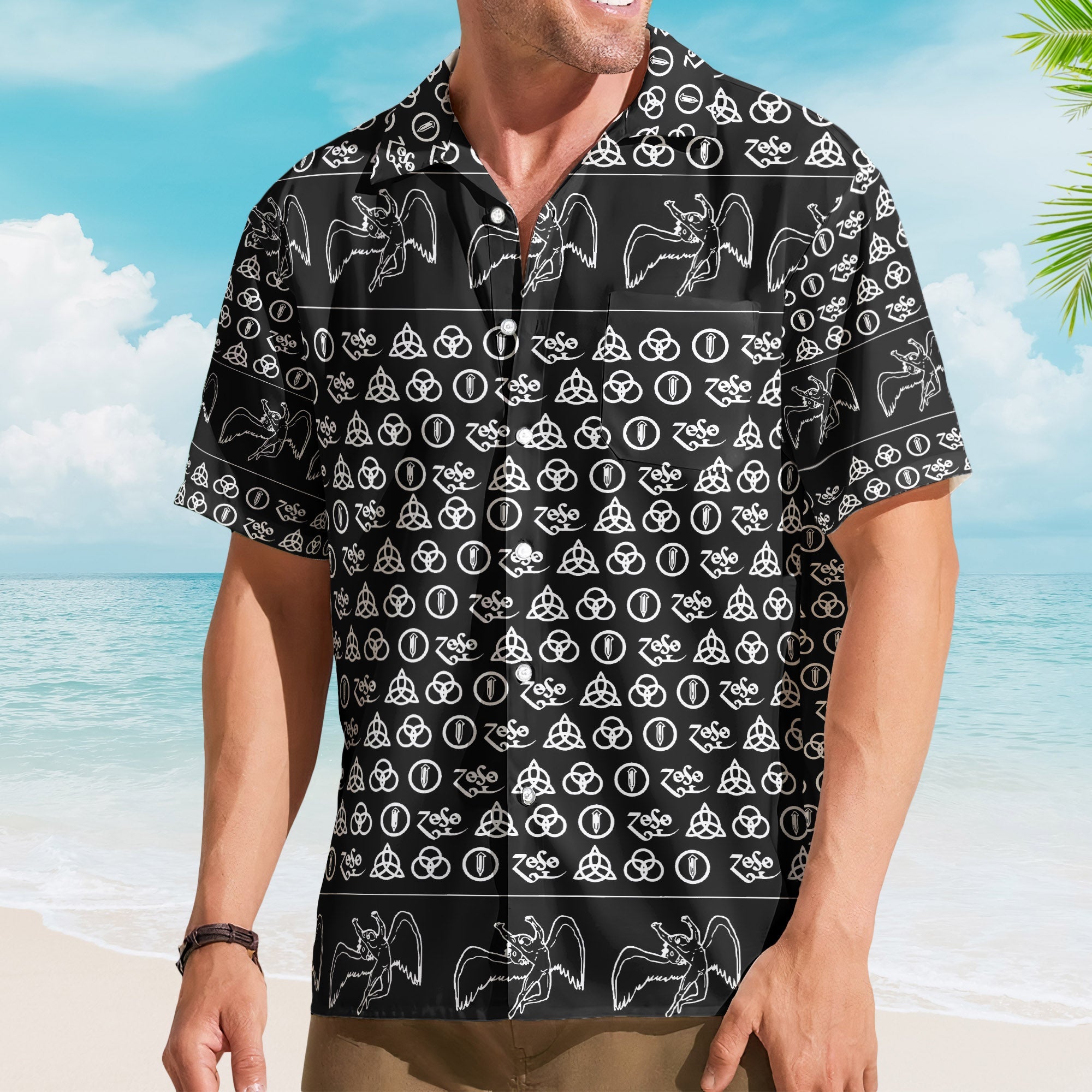 Led Zeppelin ZoSo Monogram Hawaiian Shirt – Unisex Swan Song Angel Graphic Collage Button Up