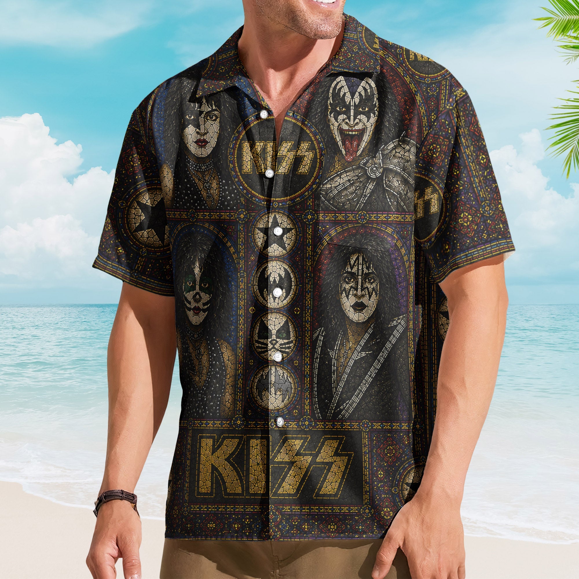 Kiss Band Gene Simmons Paul Stanley Face Paint Hawaiian Shirt - Unisex Hard Rock Concert Summer Button Up
