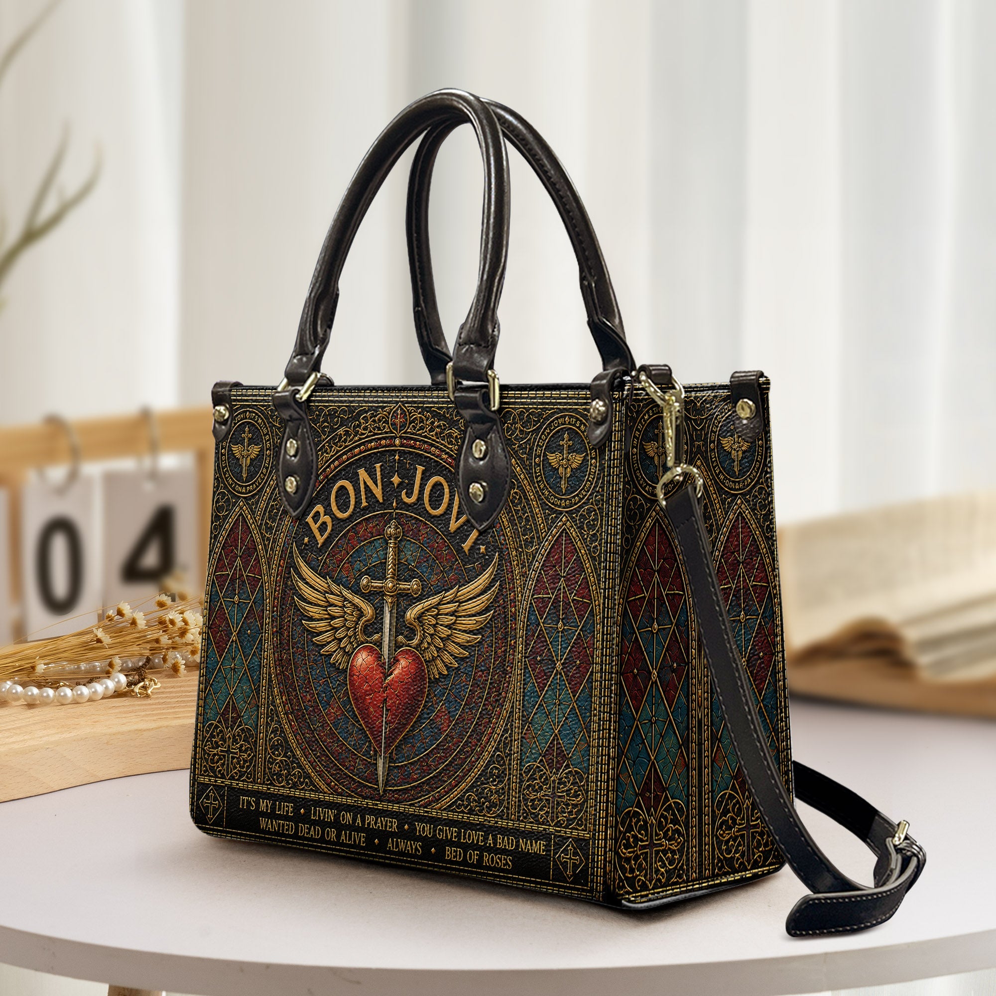 Bon Jovi Handbag, Tote Bag and Wallet Set, Stained Glass Heart and Dagger Design, Classic Rock Music Fan Gift