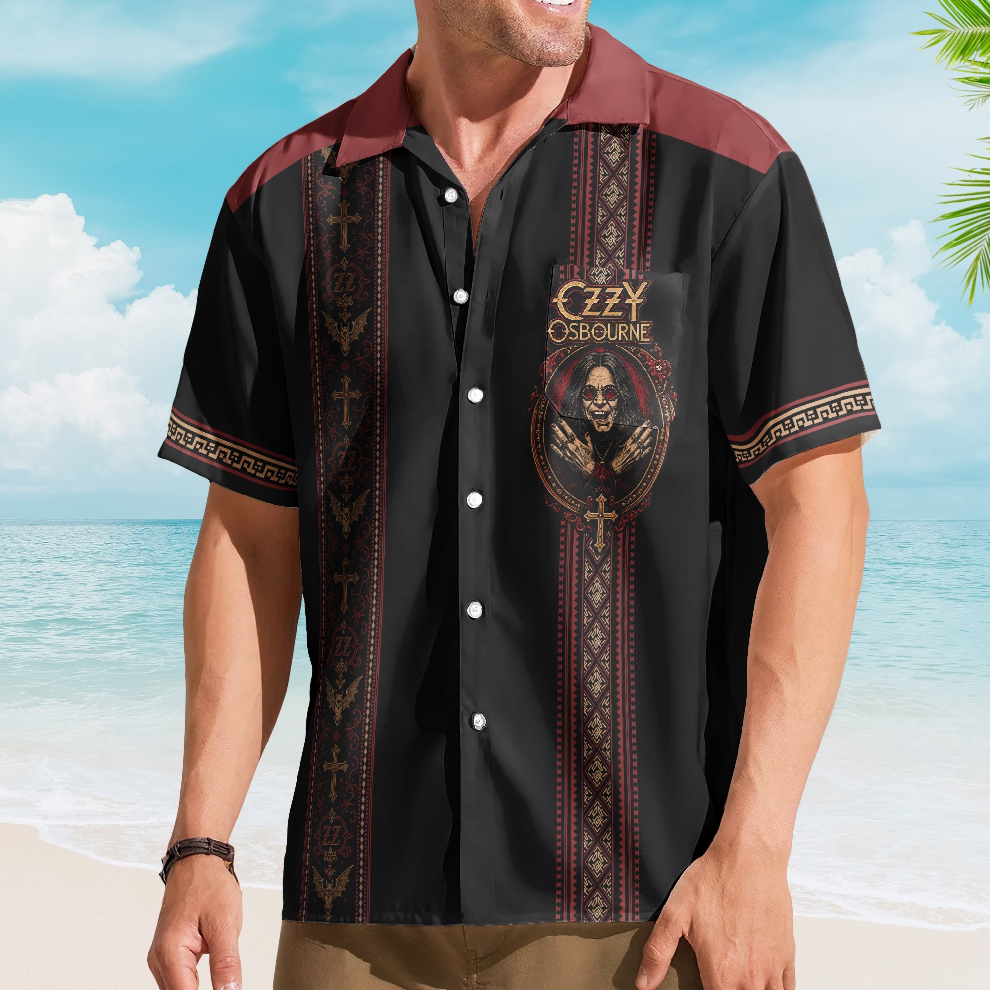 Ozzy Osbourne Hawaiian Shirt - Unisex Retro Prince of Darkness Bat Cross Button Up