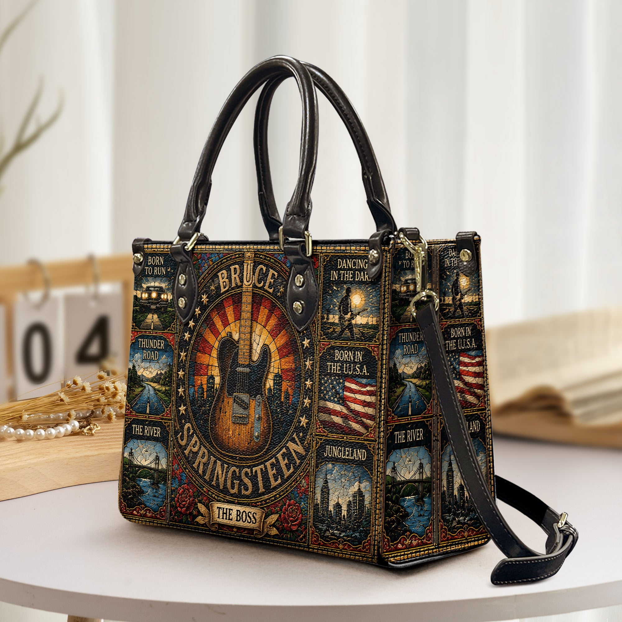 Bruce Springsteen Handbag, Tote Bag and Wallet Set, Vintage Stained Glass Guitar Design, The Boss Rock Music Fan Gift