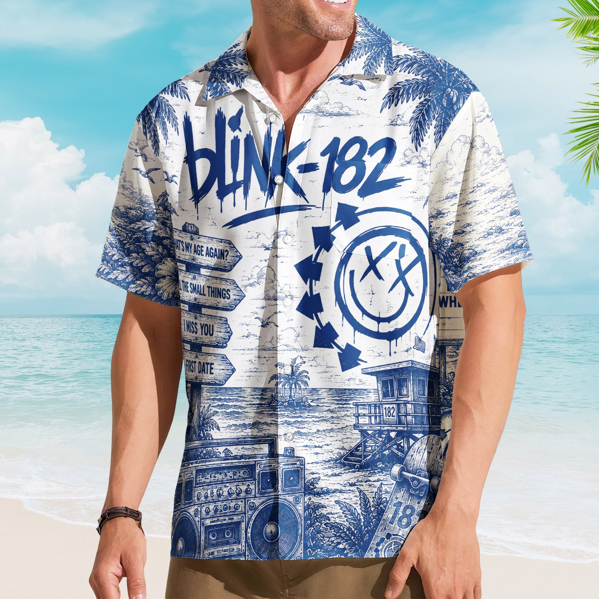 Blink 182 Toile De Jouy Hawaiian Shirt - Unisex Vintage All The Small Things Blue Line Art Summer Button Up