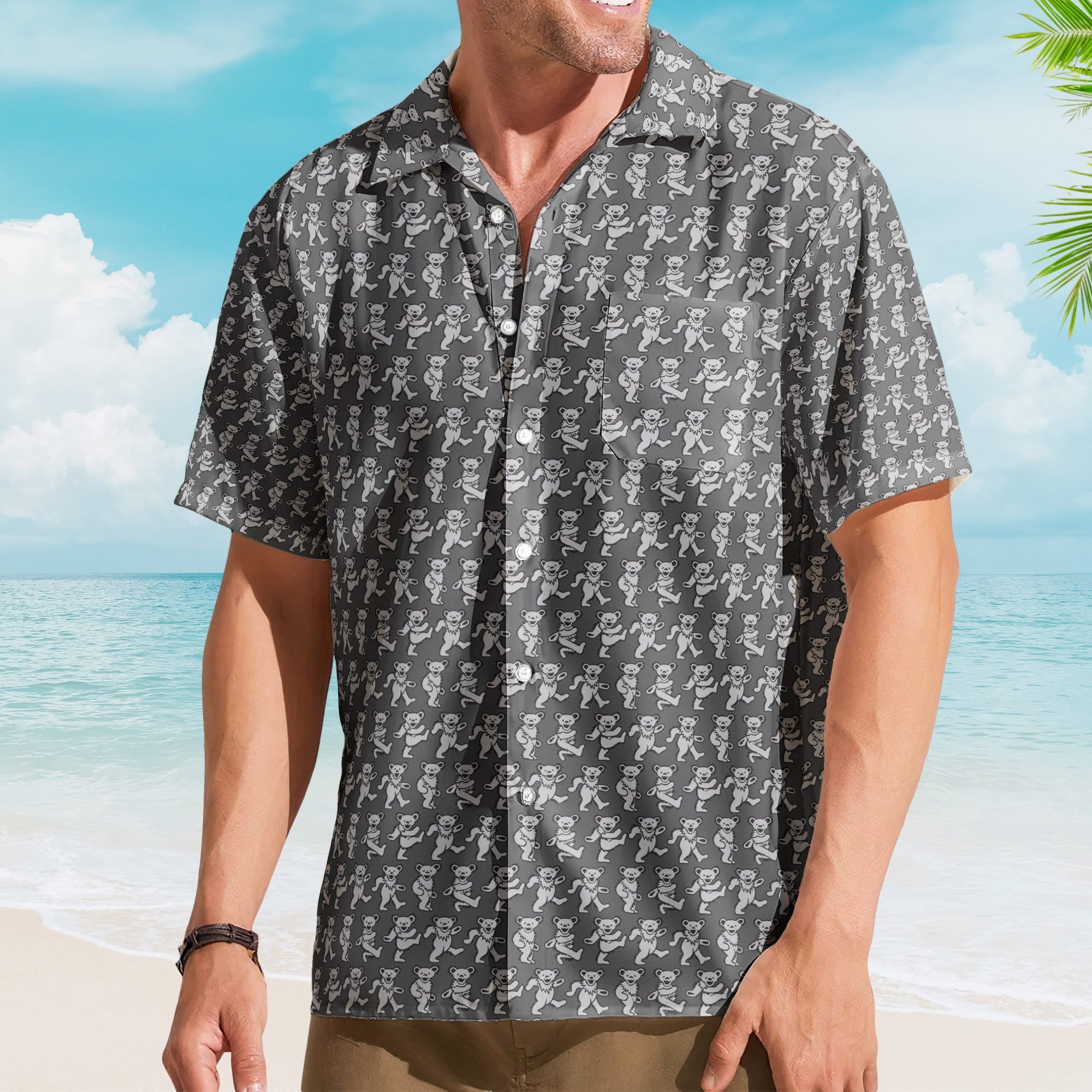 Grateful Dead Dancing Bears Retro Grey Monogram Summer Hawaiian Shirt – Retro Music Album Art Inspired Shirt
